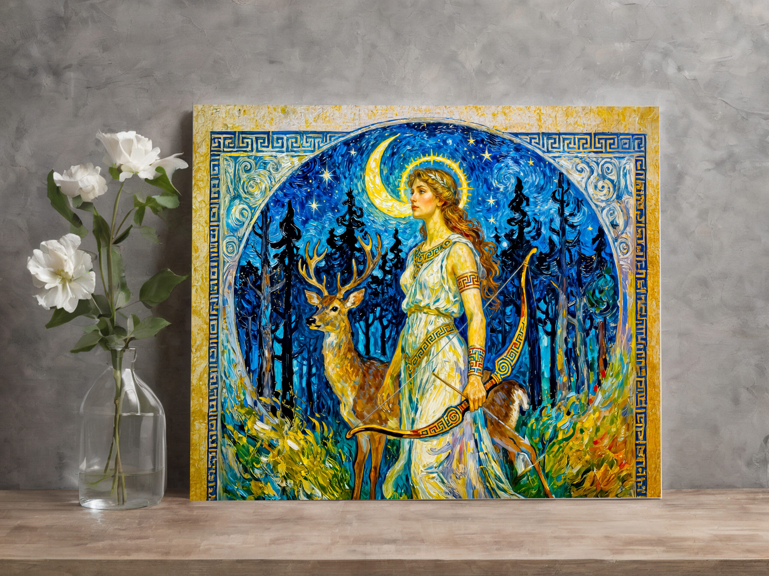 raxxa Canva: Artemis with Deer and Bow in a Starry Forest Night