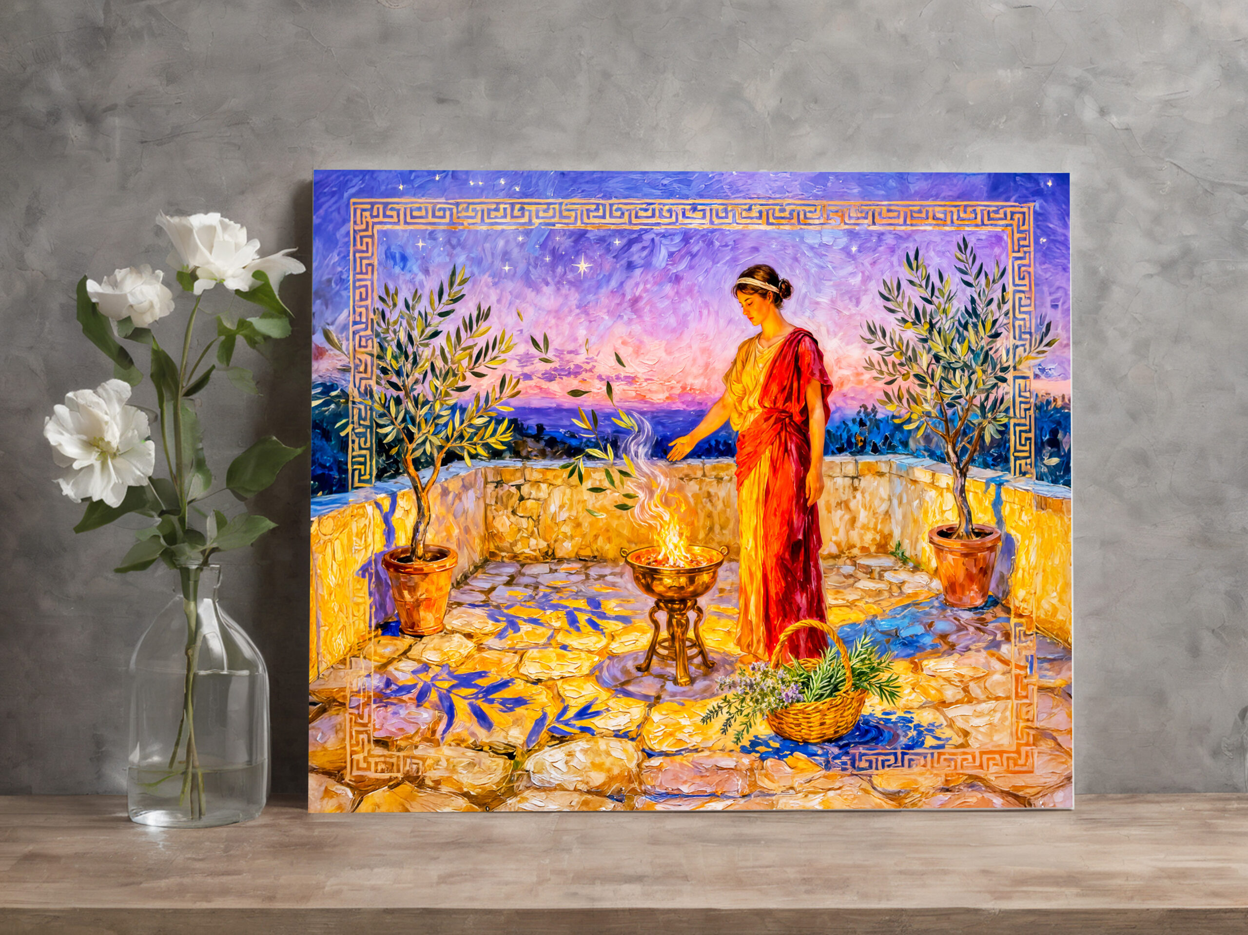 raxxa Canva: Hestia Lighting a Sacred Fire on Terrace with Olive Trees at Night - Image 2