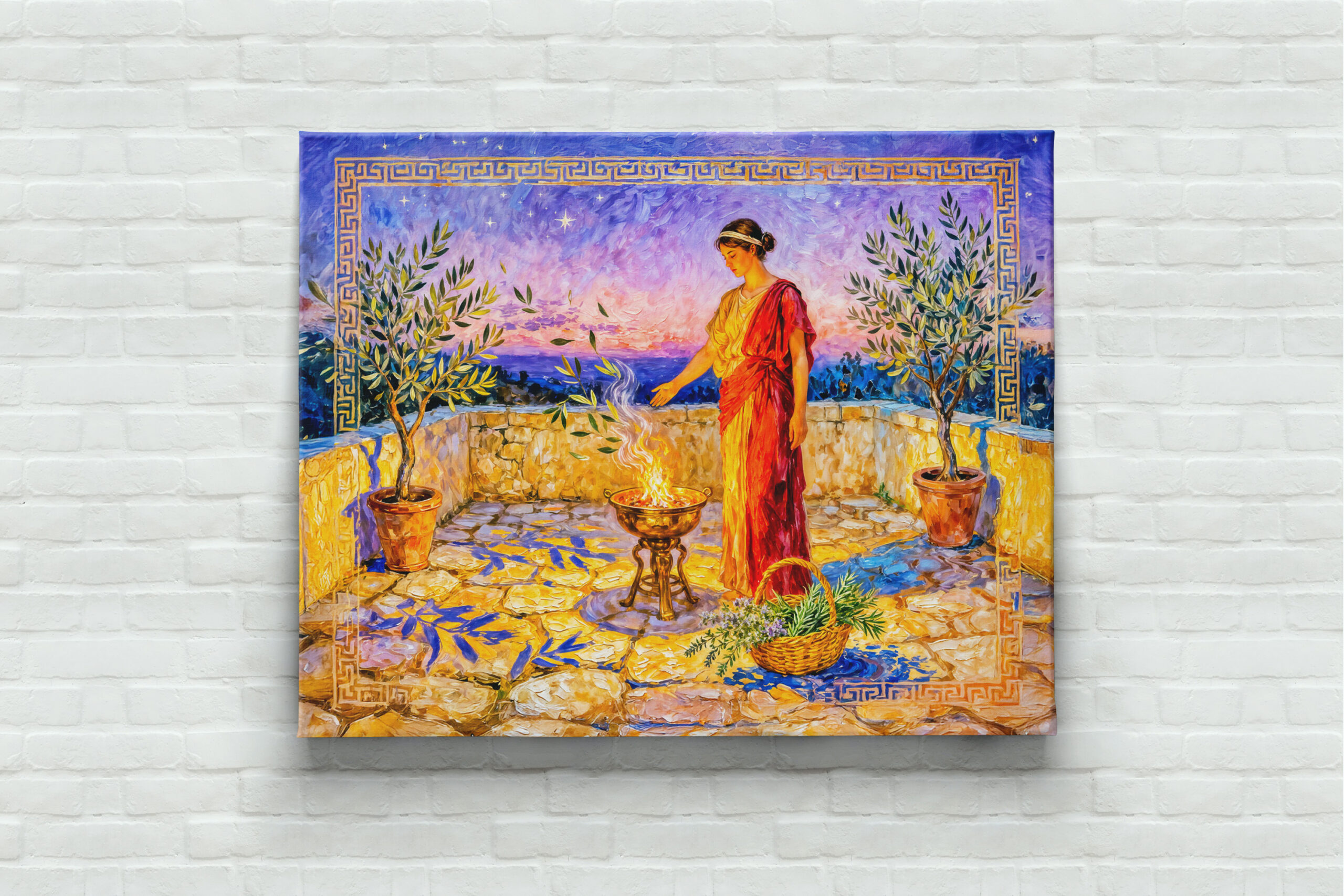 raxxa Canva: Hestia Lighting a Sacred Fire on Terrace with Olive Trees at Night - Image 3