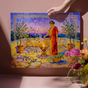 raxxa Canva: Hestia Lighting a Sacred Fire on Terrace with Olive Trees at Night