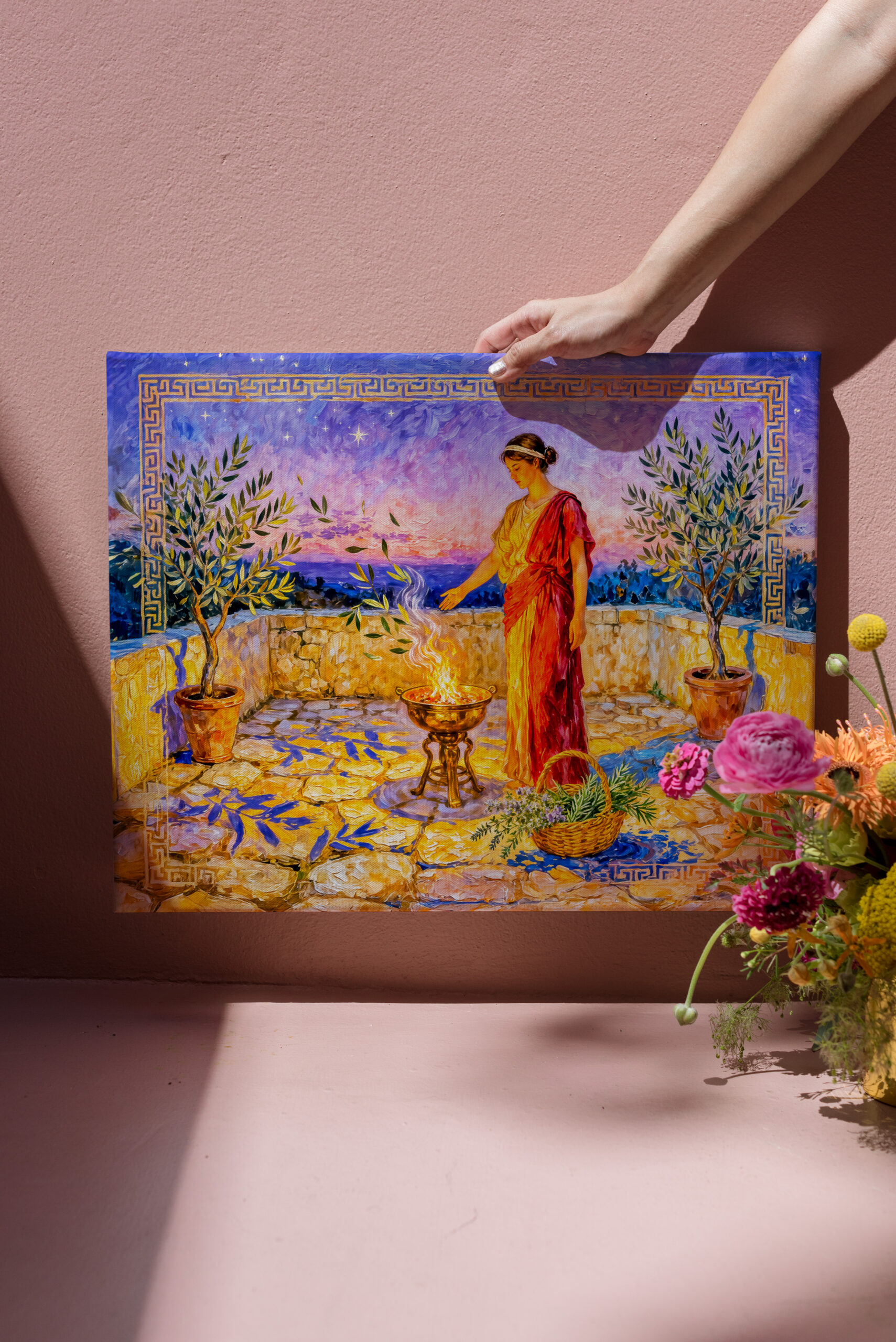 raxxa Canva: Hestia Lighting a Sacred Fire on Terrace with Olive Trees at Night