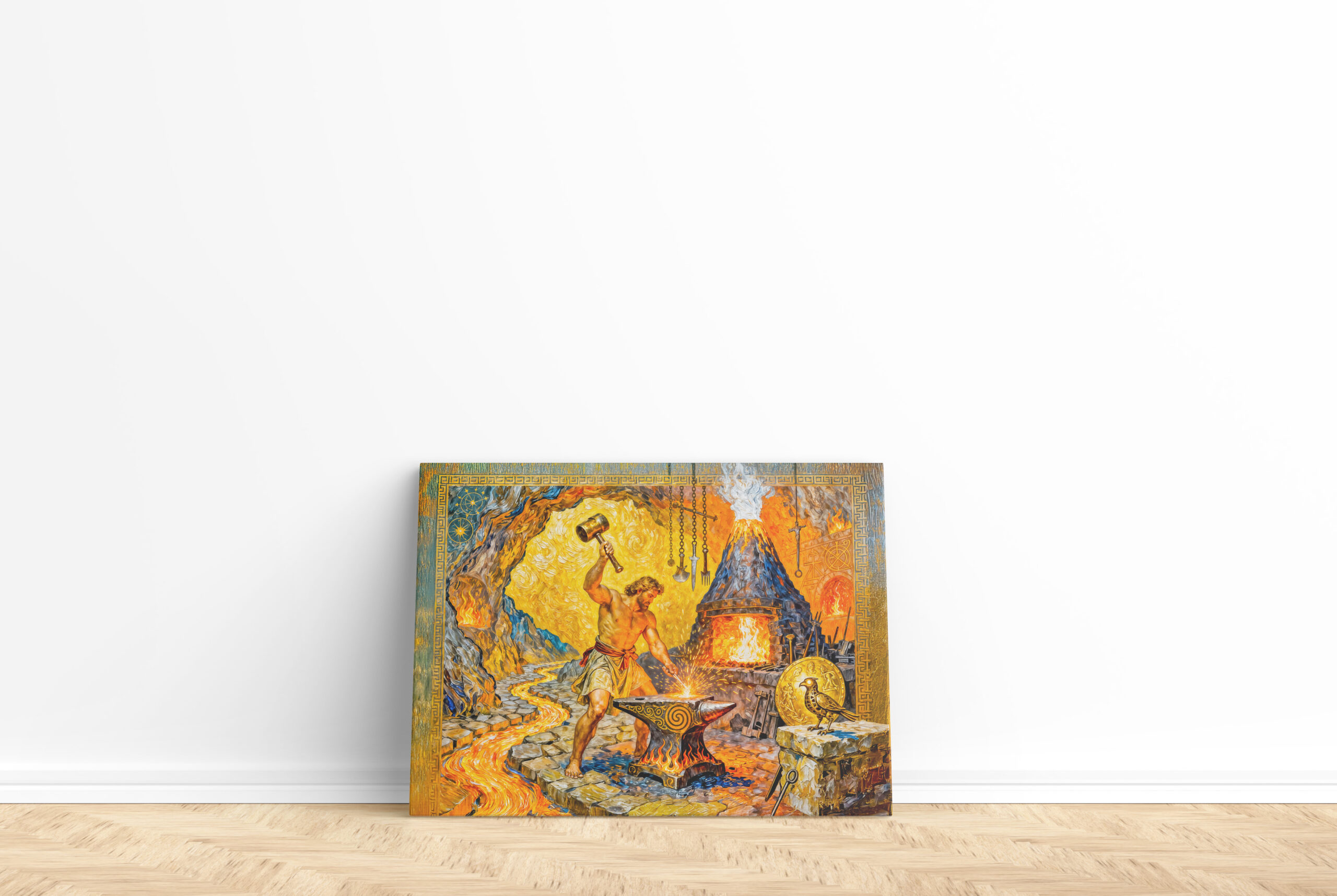 raxxa Canva: Hephaestus in Forge with Hammer, Anvil, Volcano Furnace and Lava Flow – Image 2