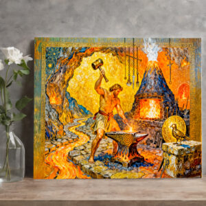 raxxa Canva: Hephaestus in Forge with Hammer, Anvil, Volcano Furnace and Lava Flow