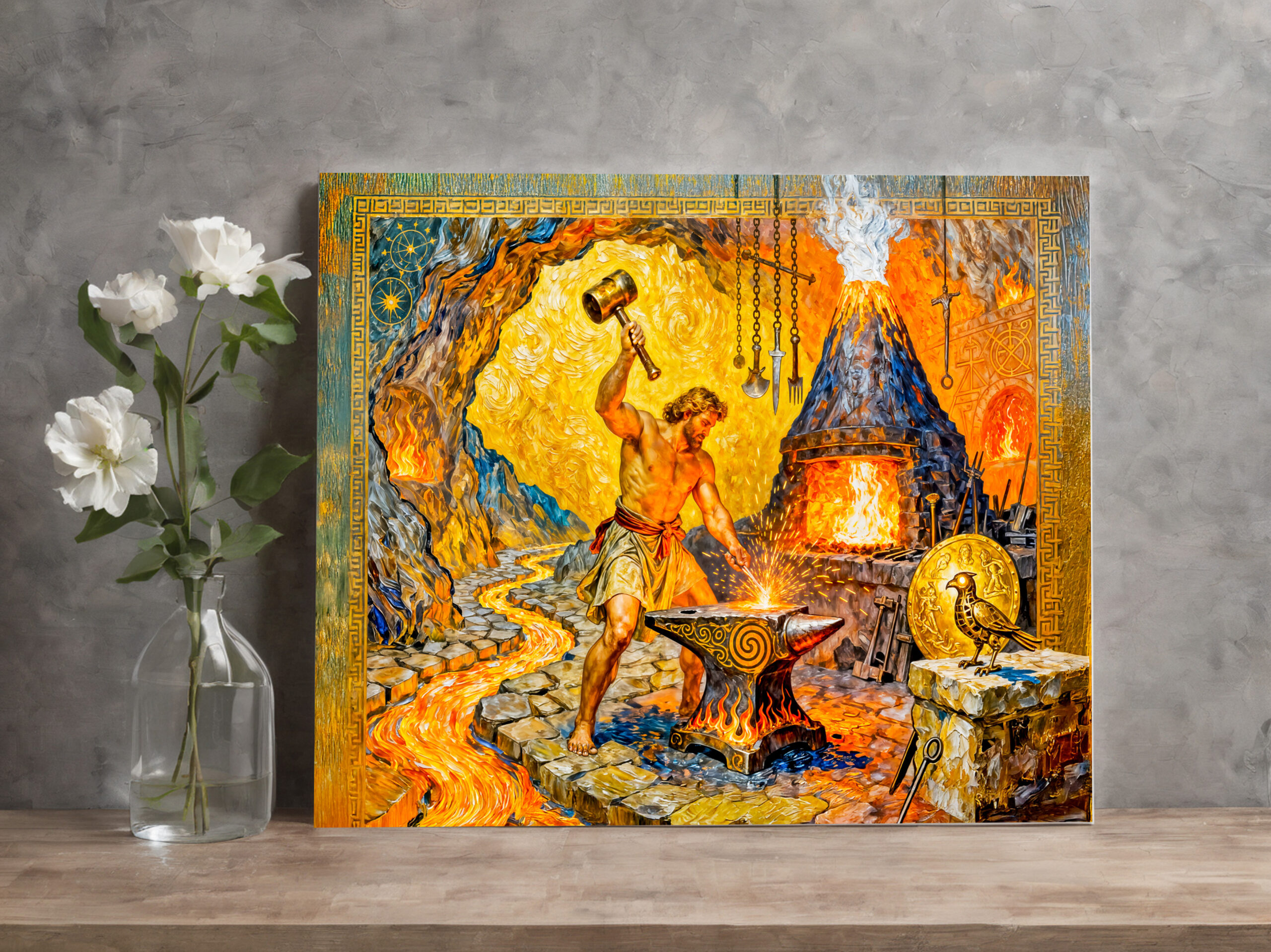 raxxa Canva: Hephaestus in Forge with Hammer, Anvil, Volcano Furnace and Lava Flow