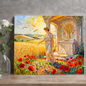 raxxa Canva: Demeter Sowing Grain by Field Altar Among Poppies and Ripe Wheat