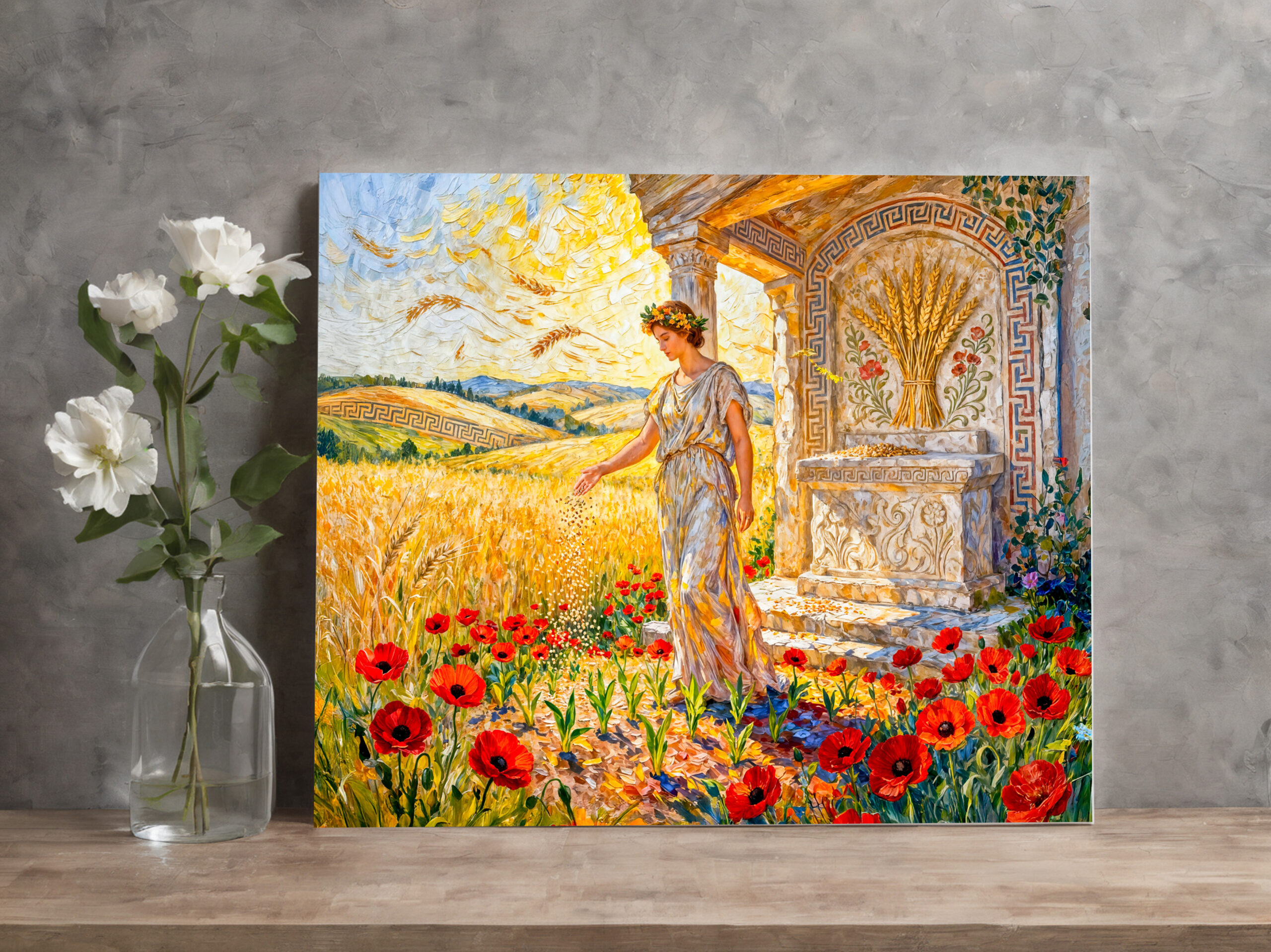 raxxa Canva: Demeter Sowing Grain by Field Altar Among Poppies and Ripe Wheat