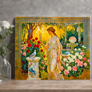 raxxa Canva: Aphrodite in Rose Garden with Fountain, Shell and Dove on Ledge
