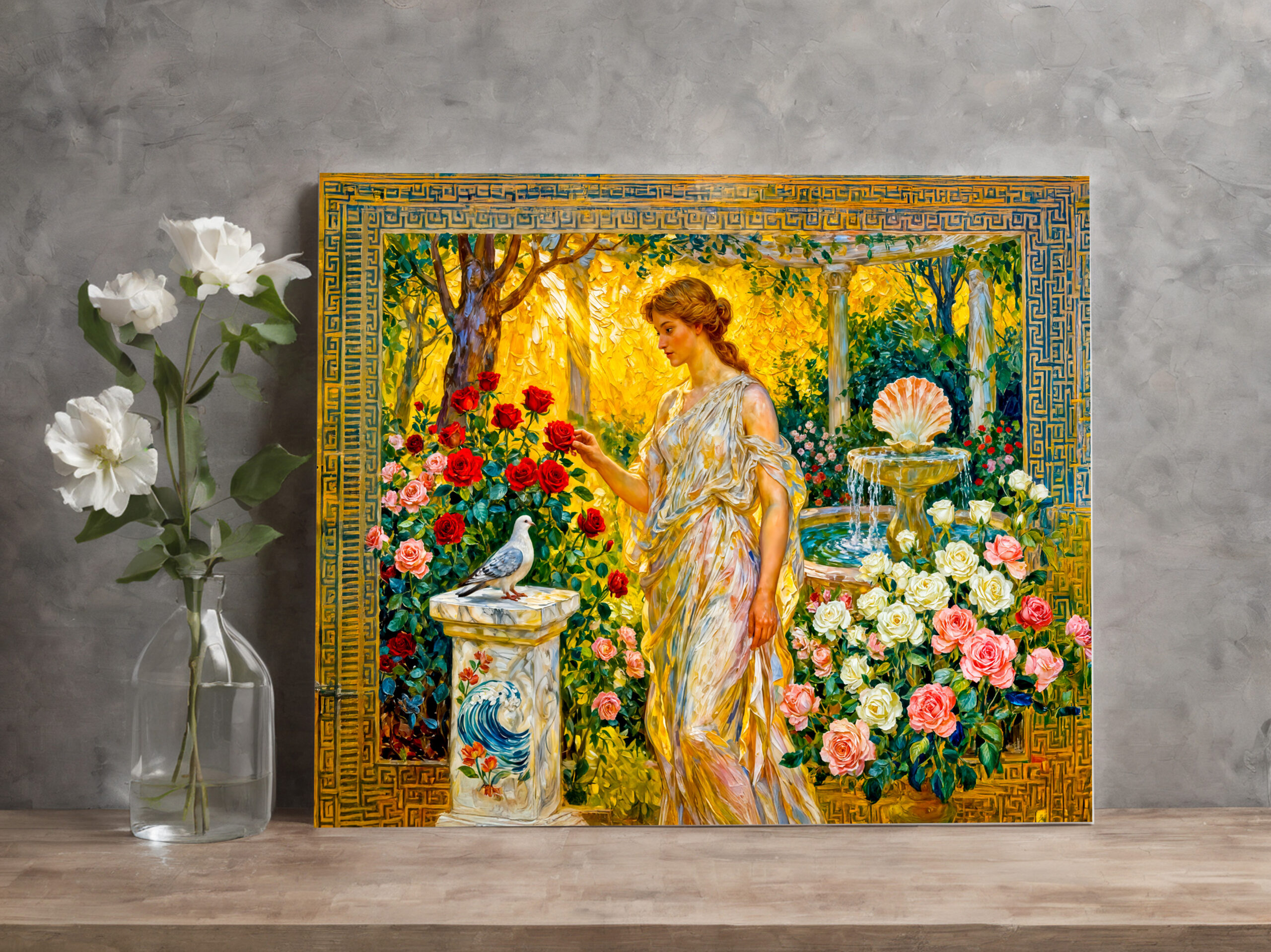 raxxa Canva: Aphrodite in Rose Garden with Fountain, Shell and Dove on Ledge