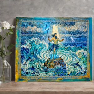 raxxa Canva: Poseidon on Sea Rocks with Trident and Dolphins