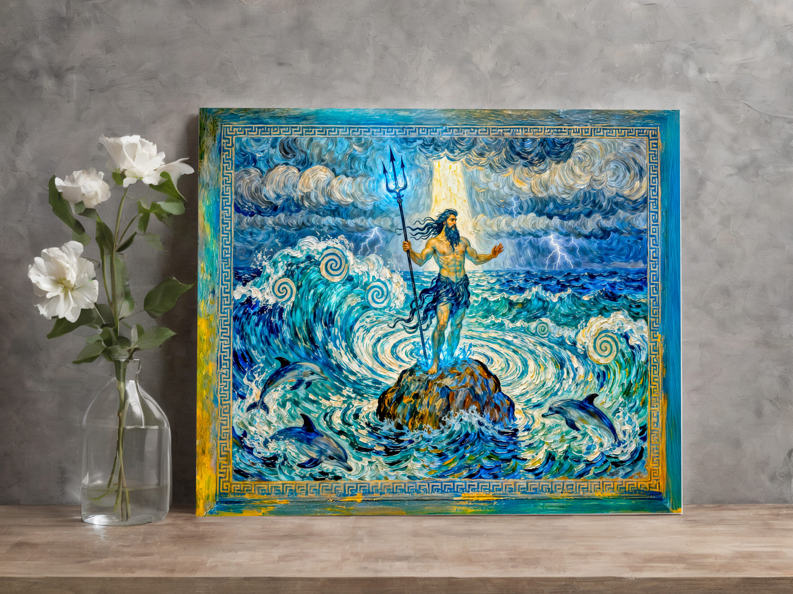 raxxa Canva: Poseidon on Sea Rocks with Trident and Dolphins