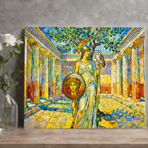 raxxa Canva: Athena with Owl and Shield by Olive Tree in Temple Courtyard