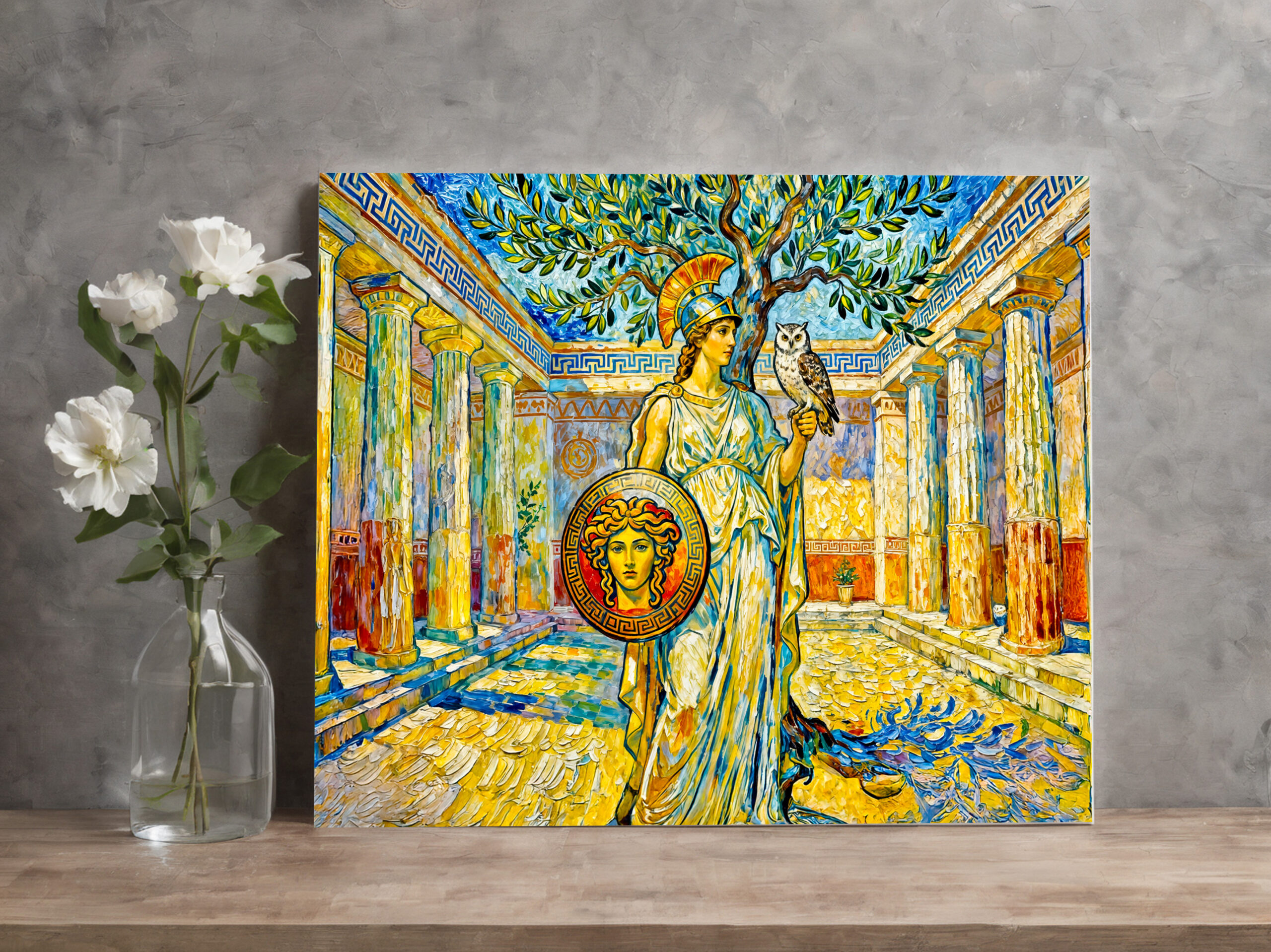 raxxa Canva: Athena with Owl and Shield by Olive Tree in Temple Courtyard
