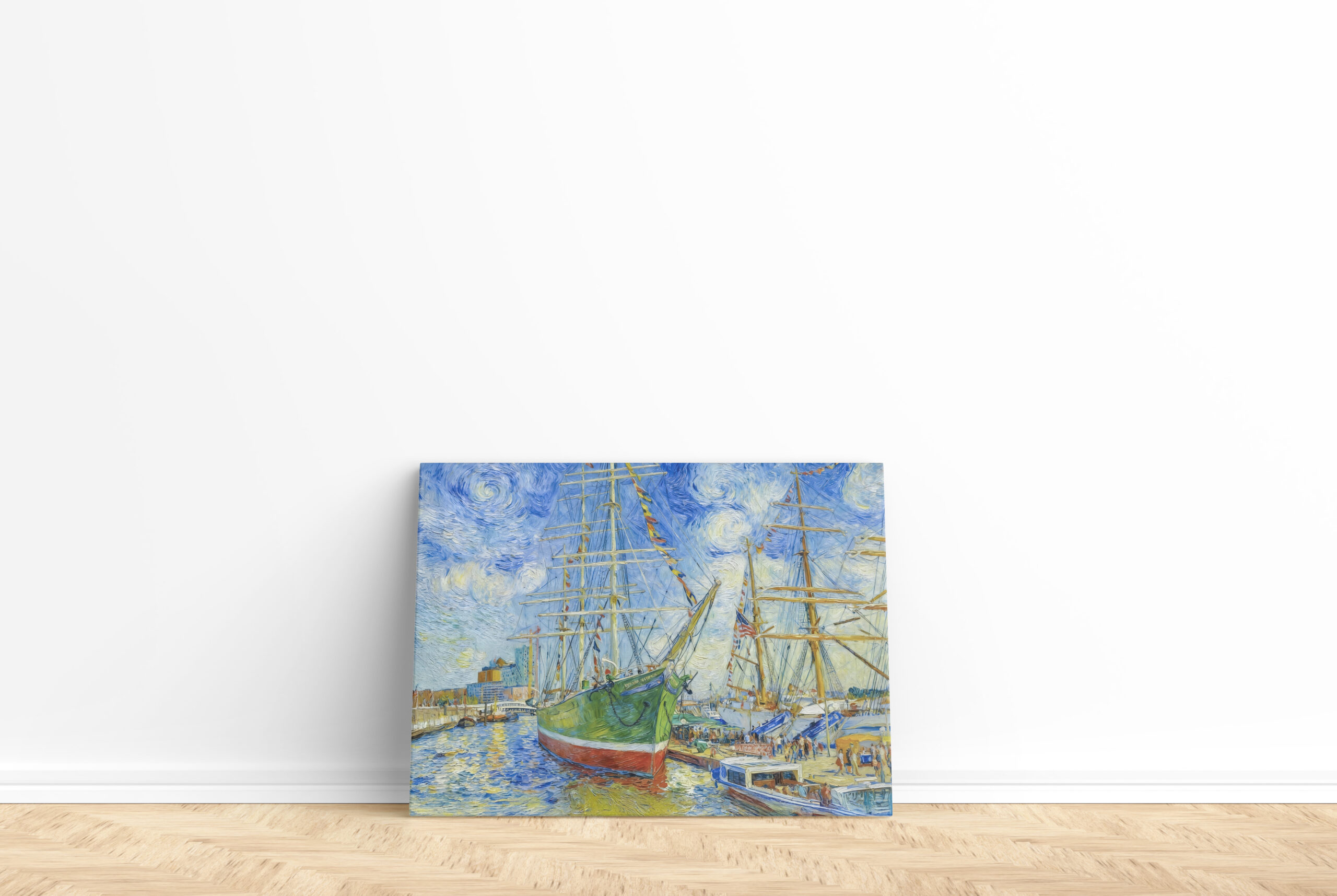 raxxa Canva: Impressionist Tall Ship in Hamburg Harbor with Reflections - Imagen 2