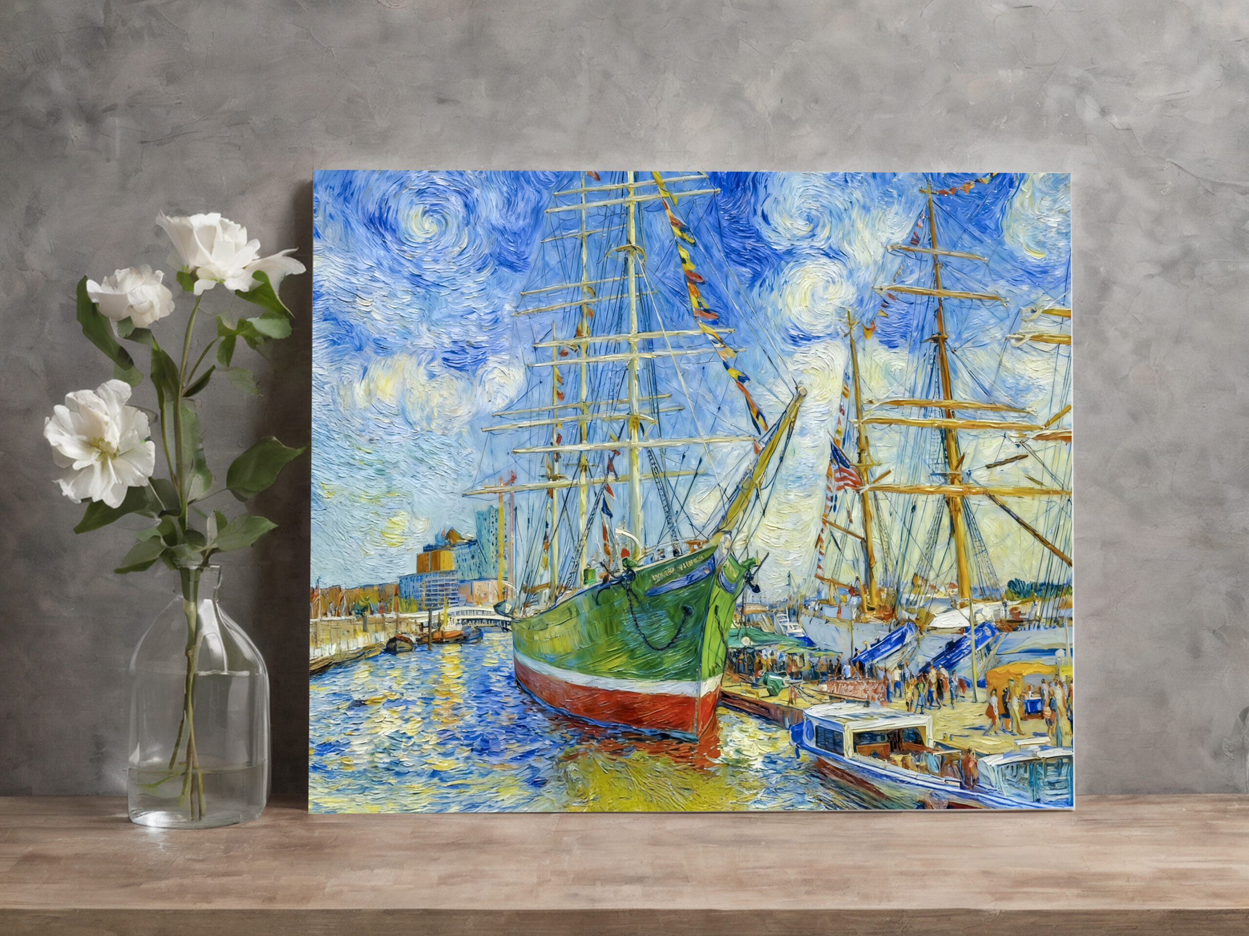 raxxa Canva: Impressionist Tall Ship in Hamburg Harbor with Reflections