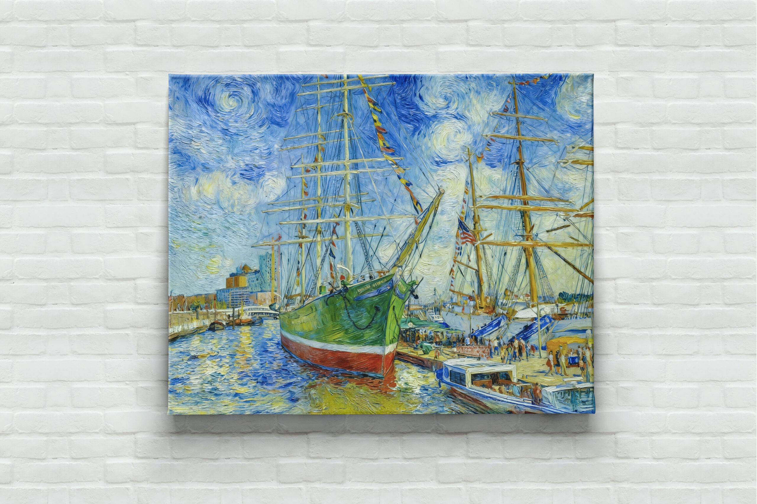 raxxa Canva: Impressionist Tall Ship in Hamburg Harbor with Reflections - Imagen 3