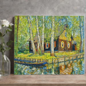 raxxa Canva: Impressionist Spreewald House by a Quiet Canal with Wooden Boat