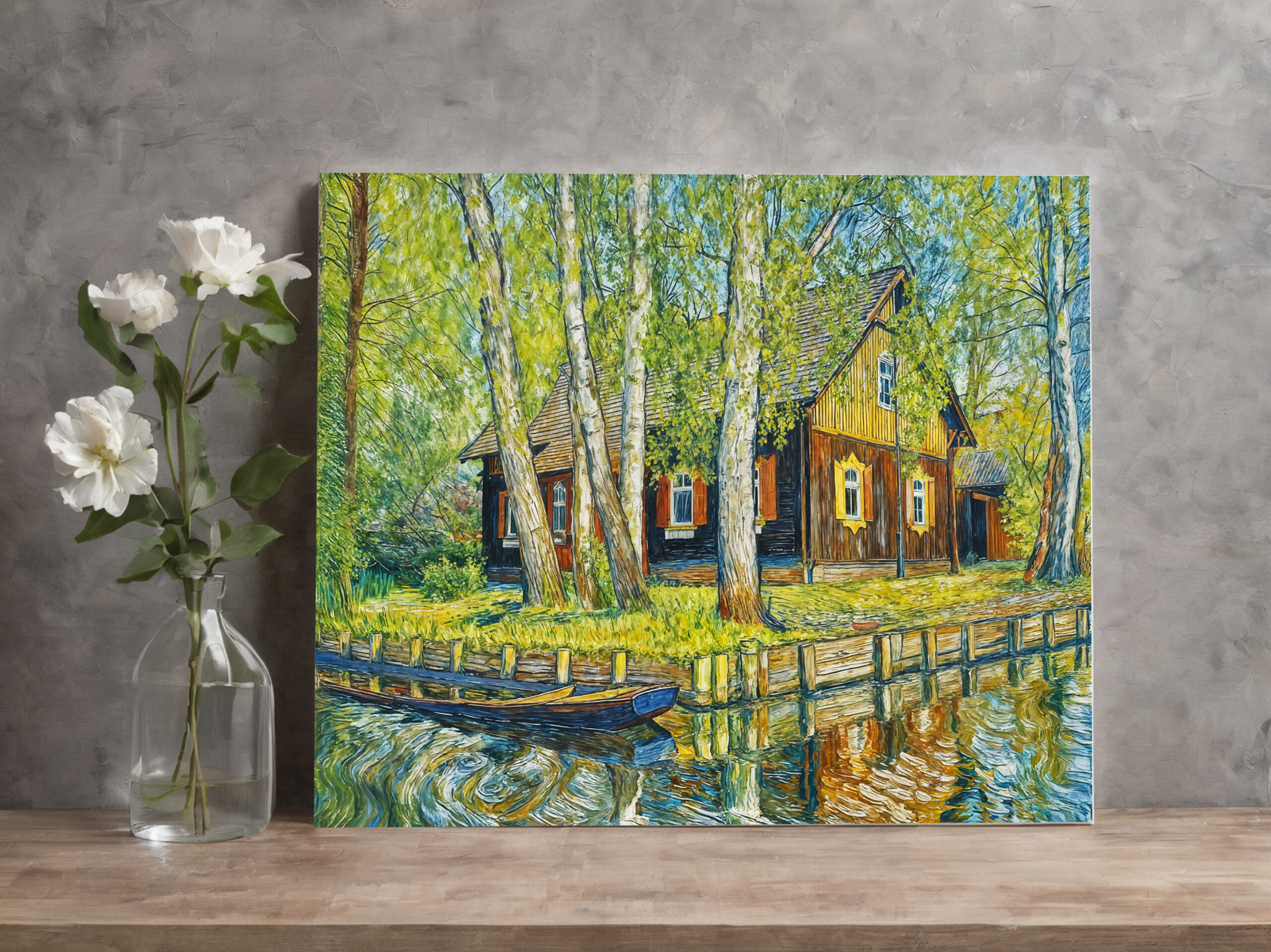 raxxa Canva: Impressionist Spreewald House by a Quiet Canal with Wooden Boat