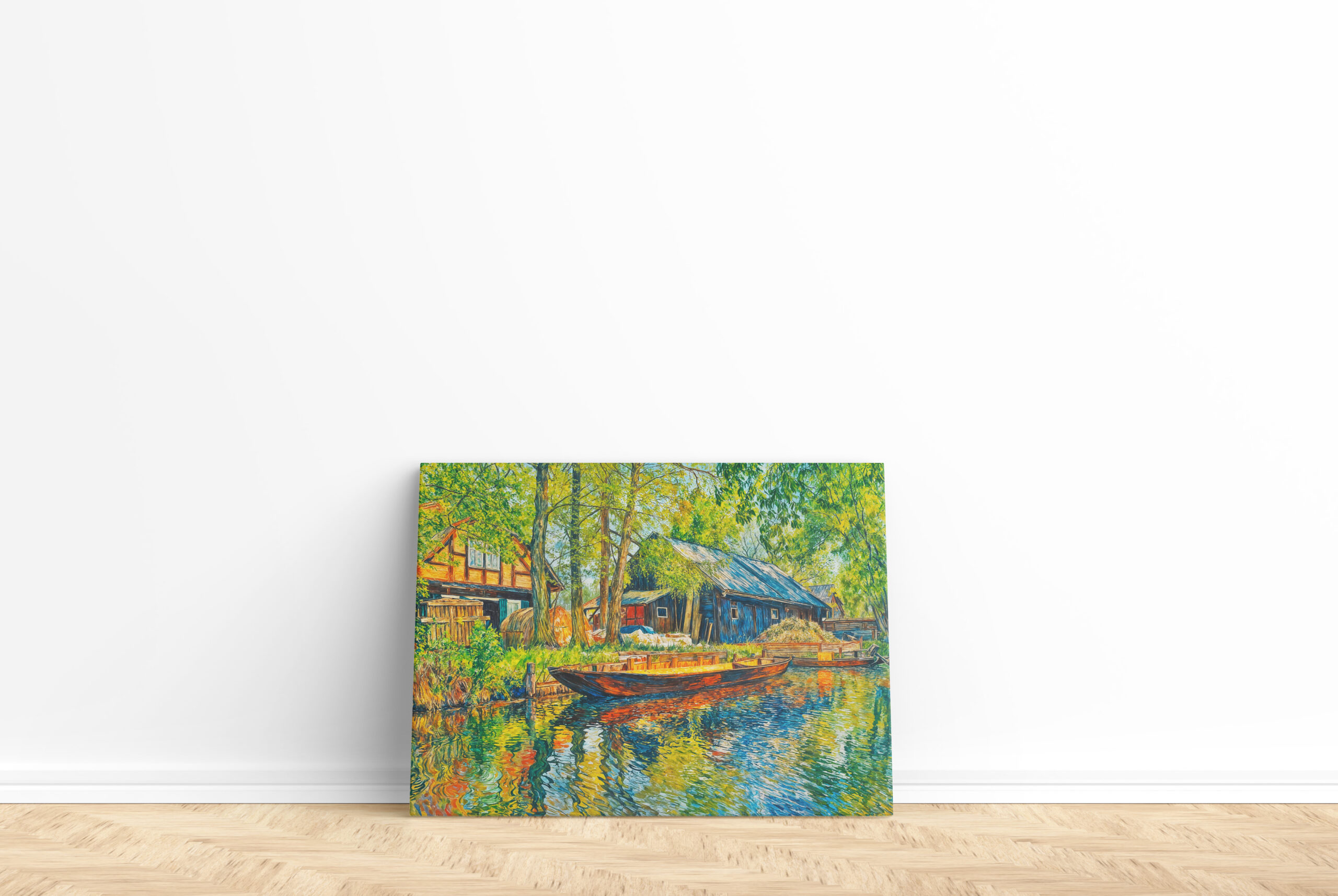 raxxa Canva: Impressionist Spreewald Farmhouse with Wooden Boat by the Canal - immagine 2