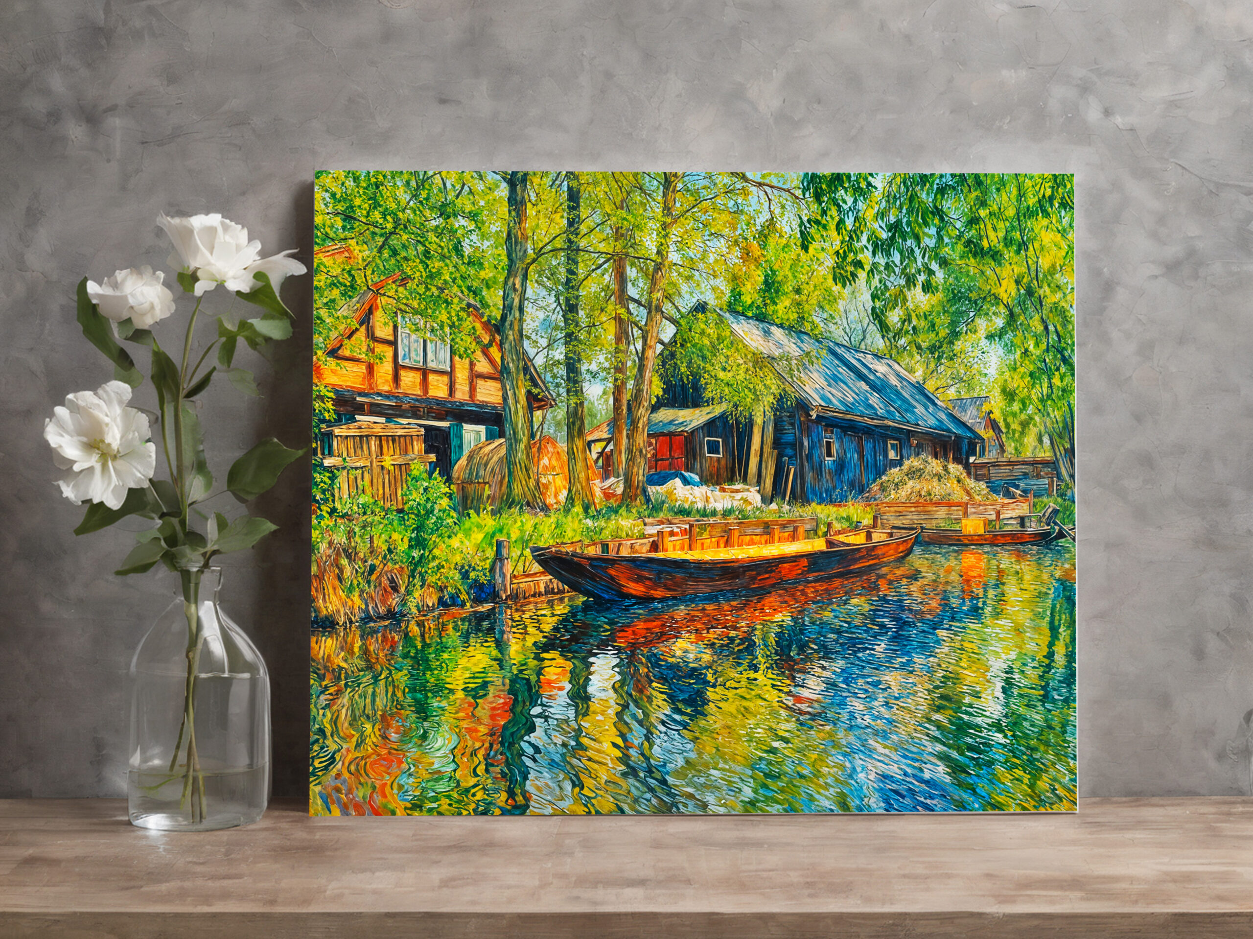 raxxa Canva: Impressionist Spreewald Farmhouse with Wooden Boat by the Canal - immagine 3