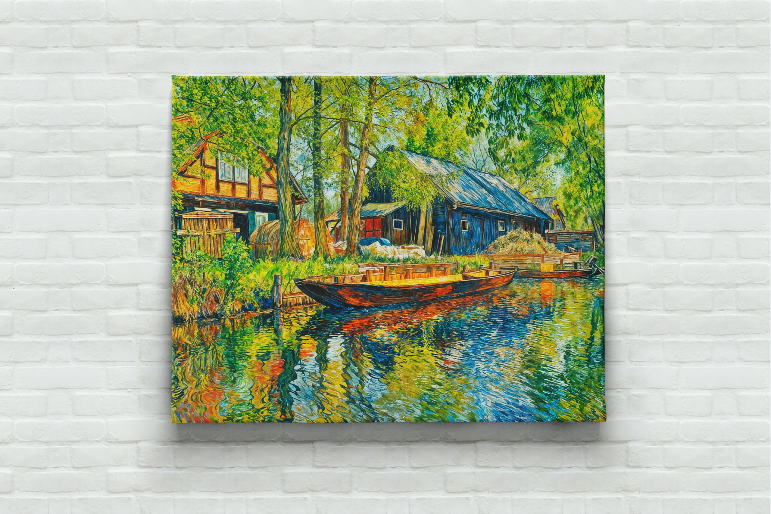 raxxa Canva: Impressionist Spreewald Farmhouse with Wooden Boat by the Canal