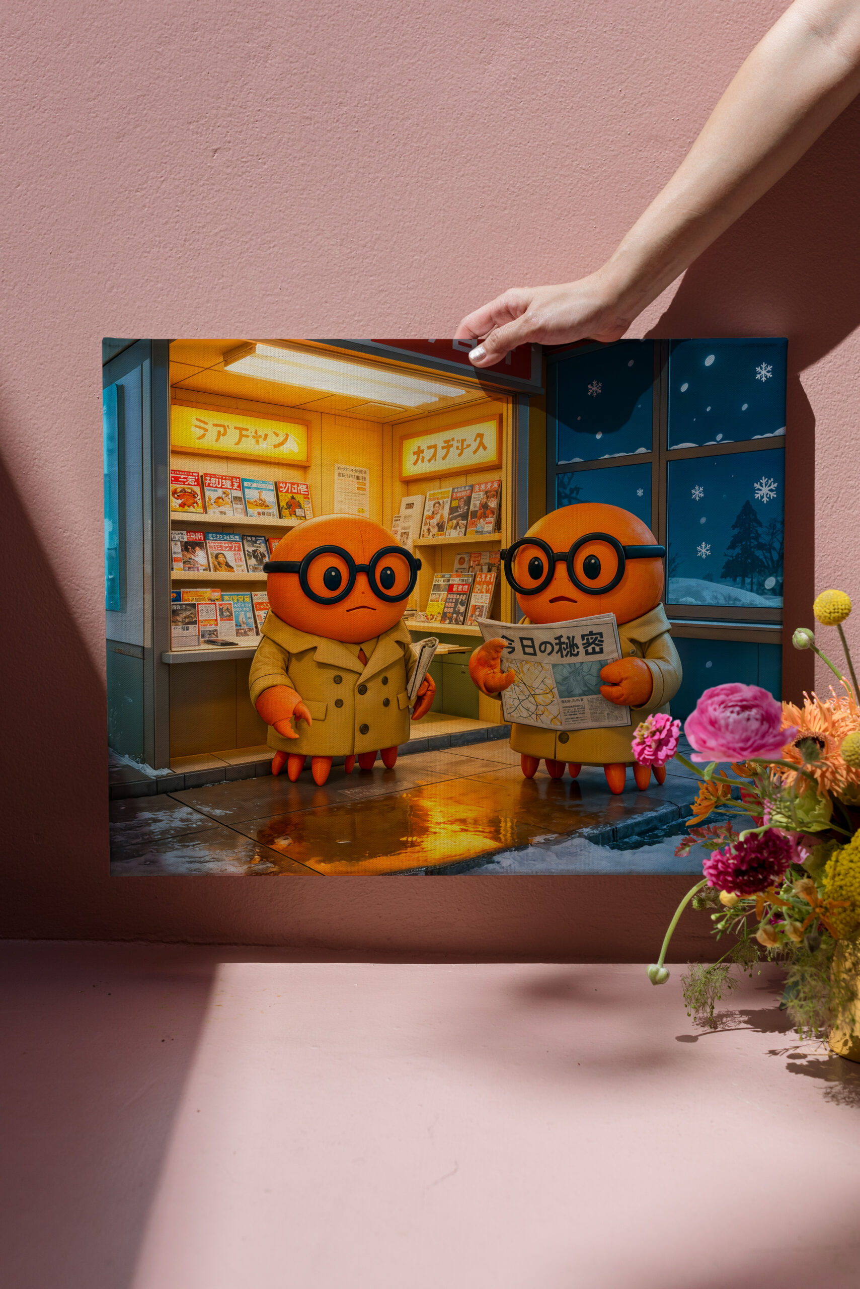 raxxa Canva: Spy Crabs Investigating Colorful Japanese Newsstand Scene