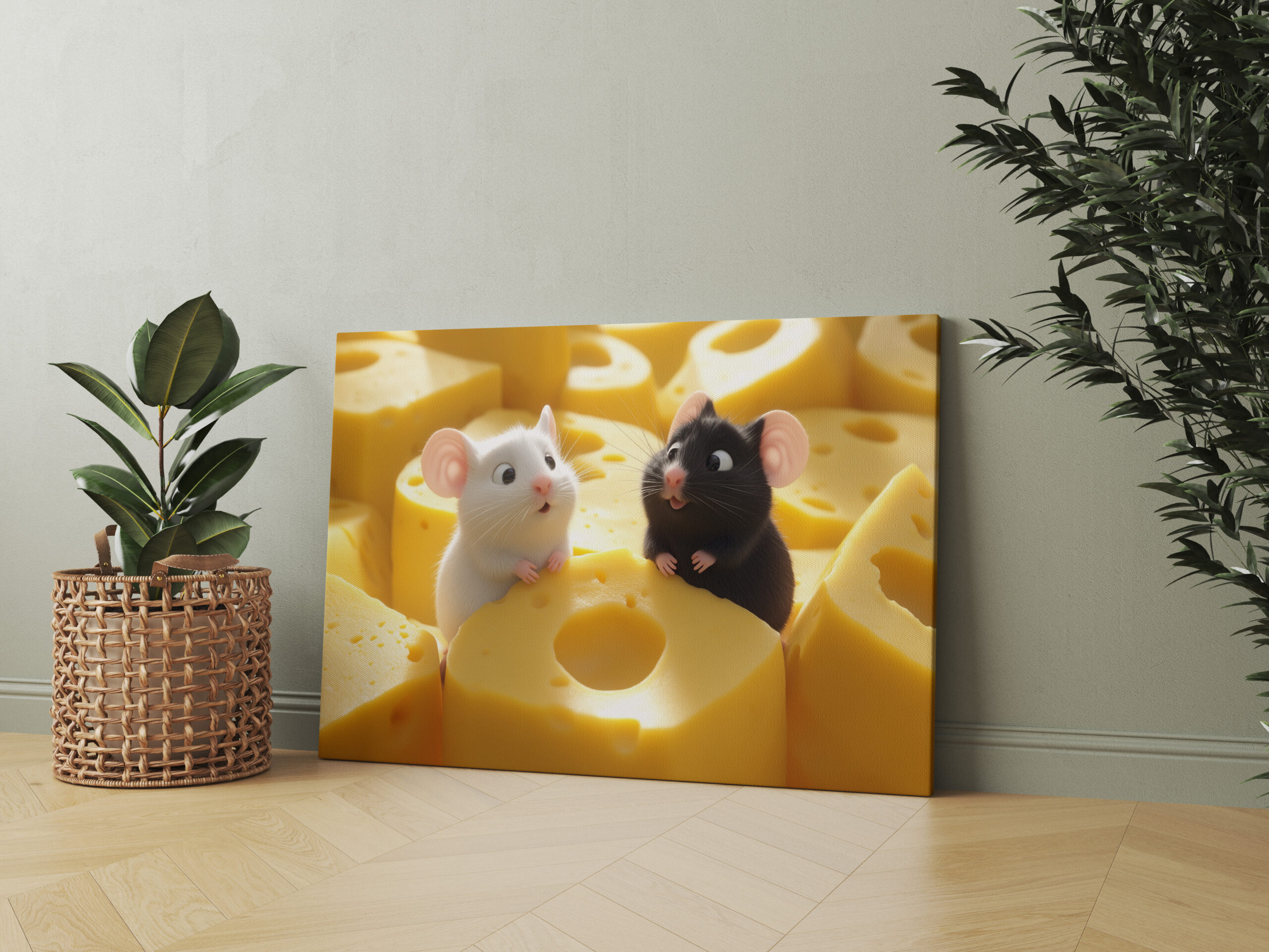 raxxa Canva: Oh, alles unser Käse - schwarze und weiße Maus im Käseland