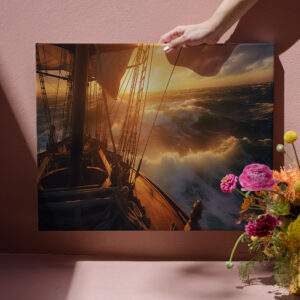 raxxa Canva: Segelschiff im Sonnenuntergang mit hohen Wellen