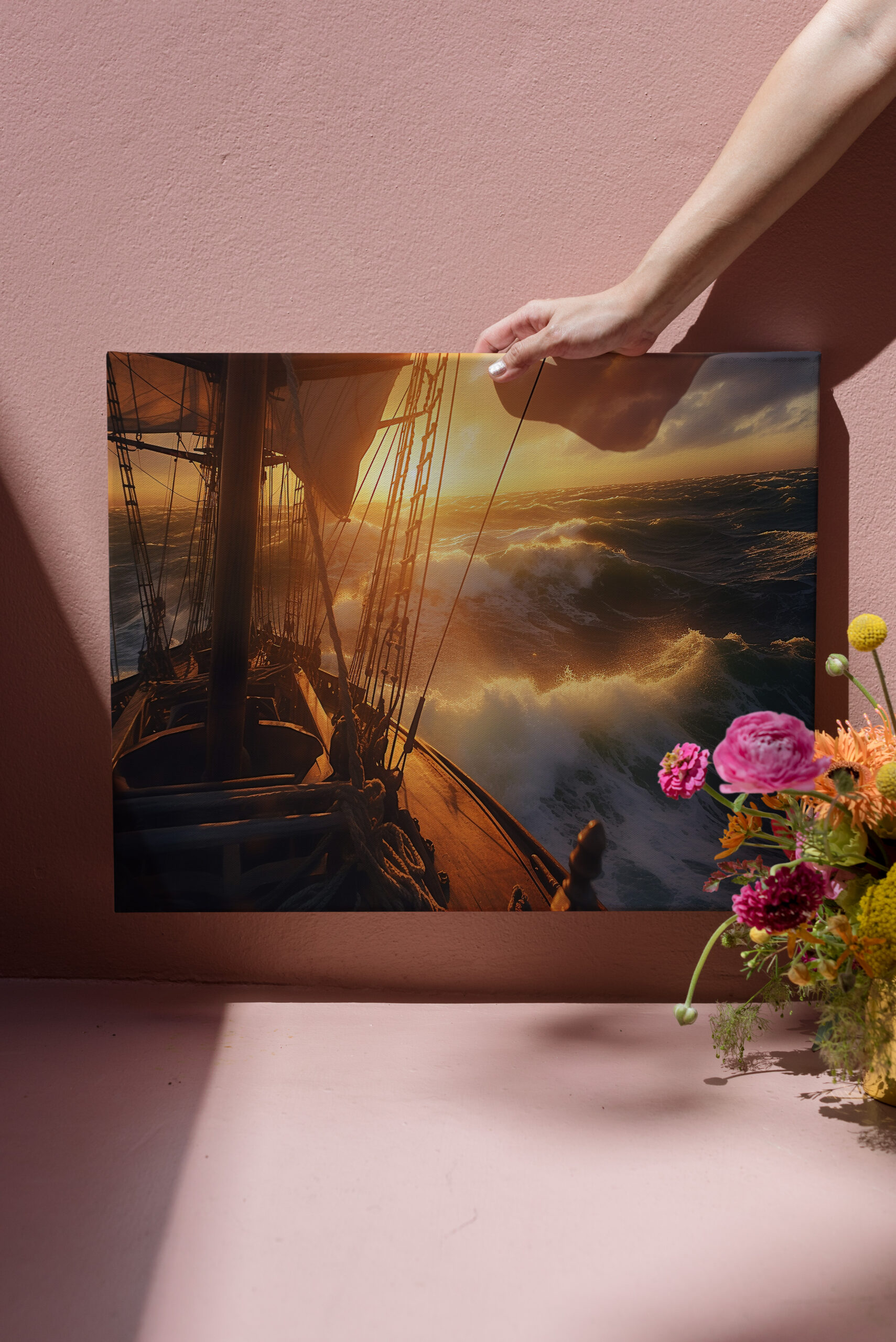 raxxa Canva: Segelschiff im Sonnenuntergang mit hohen Wellen