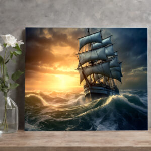 raxxa Canva: Segelschiff in hohen Wellen am Abend