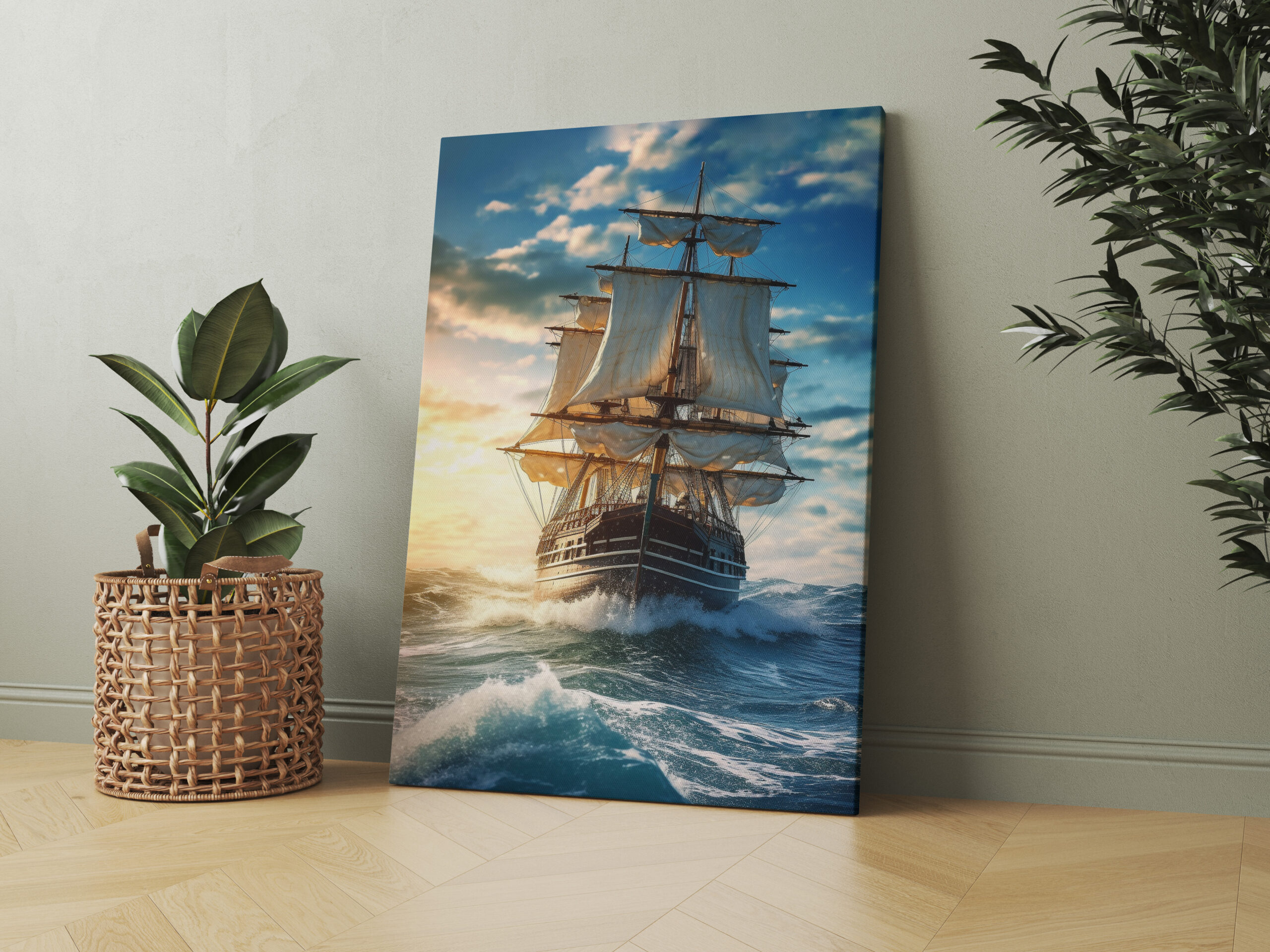 raxxa Canva: Segelschiff im Sonnenuntergang mit rauhen Wellen