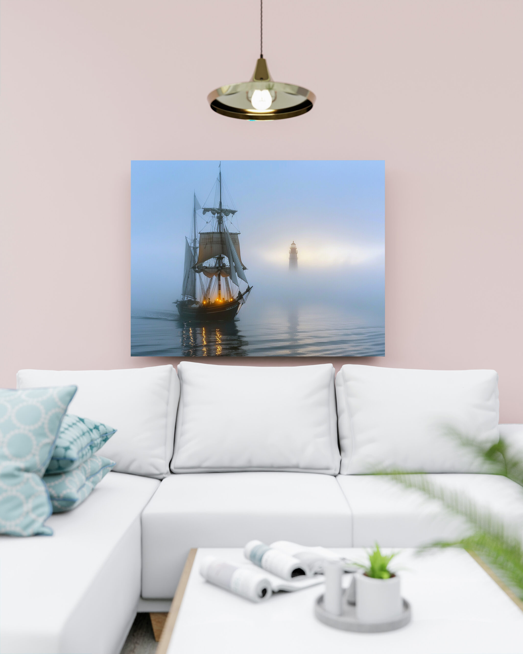 raxxa Canva: Segelschiff und Leuchtturm im Nebel