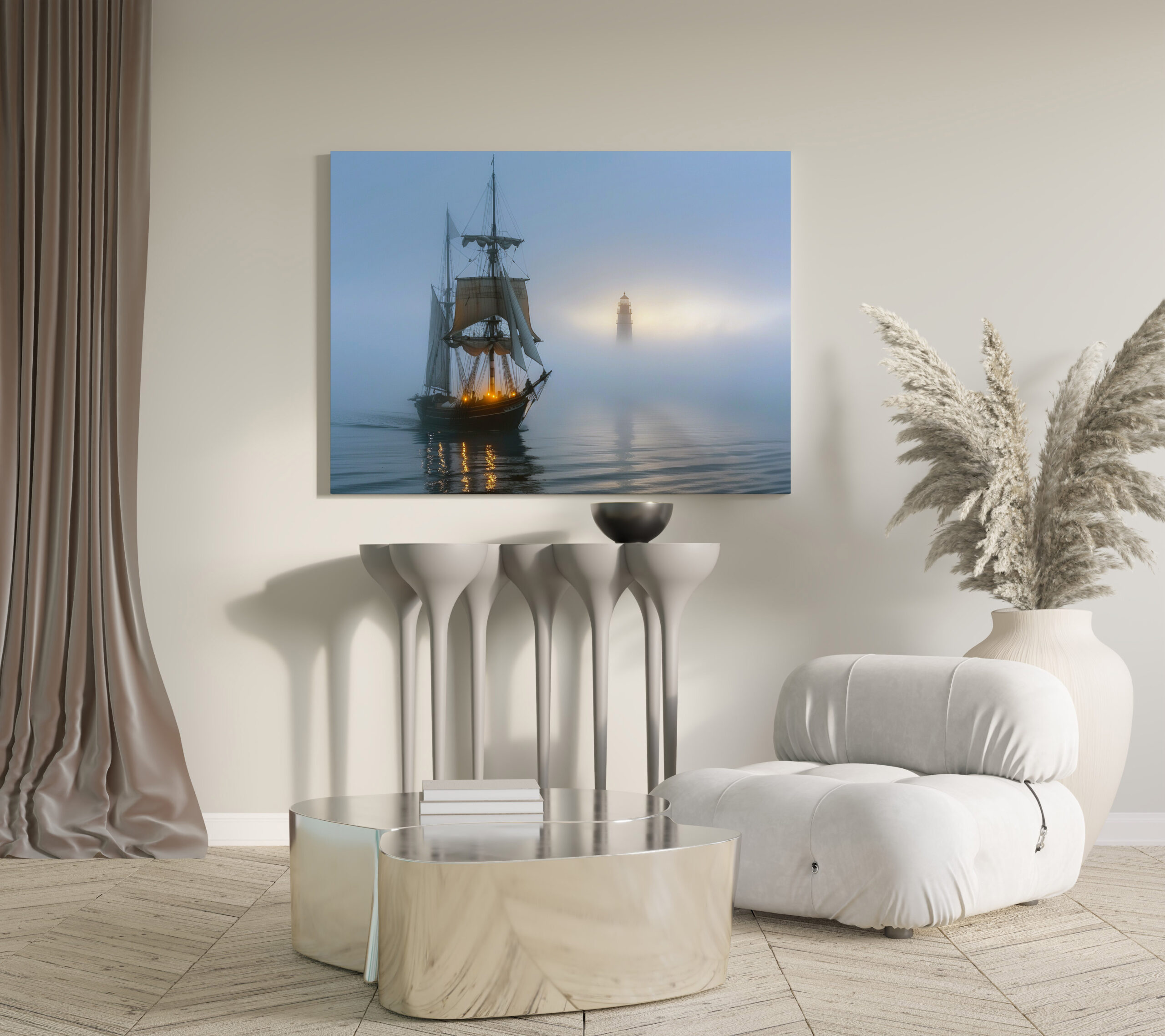 raxxa Canva: Segelschiff und Leuchtturm im Nebel - Imagen 3