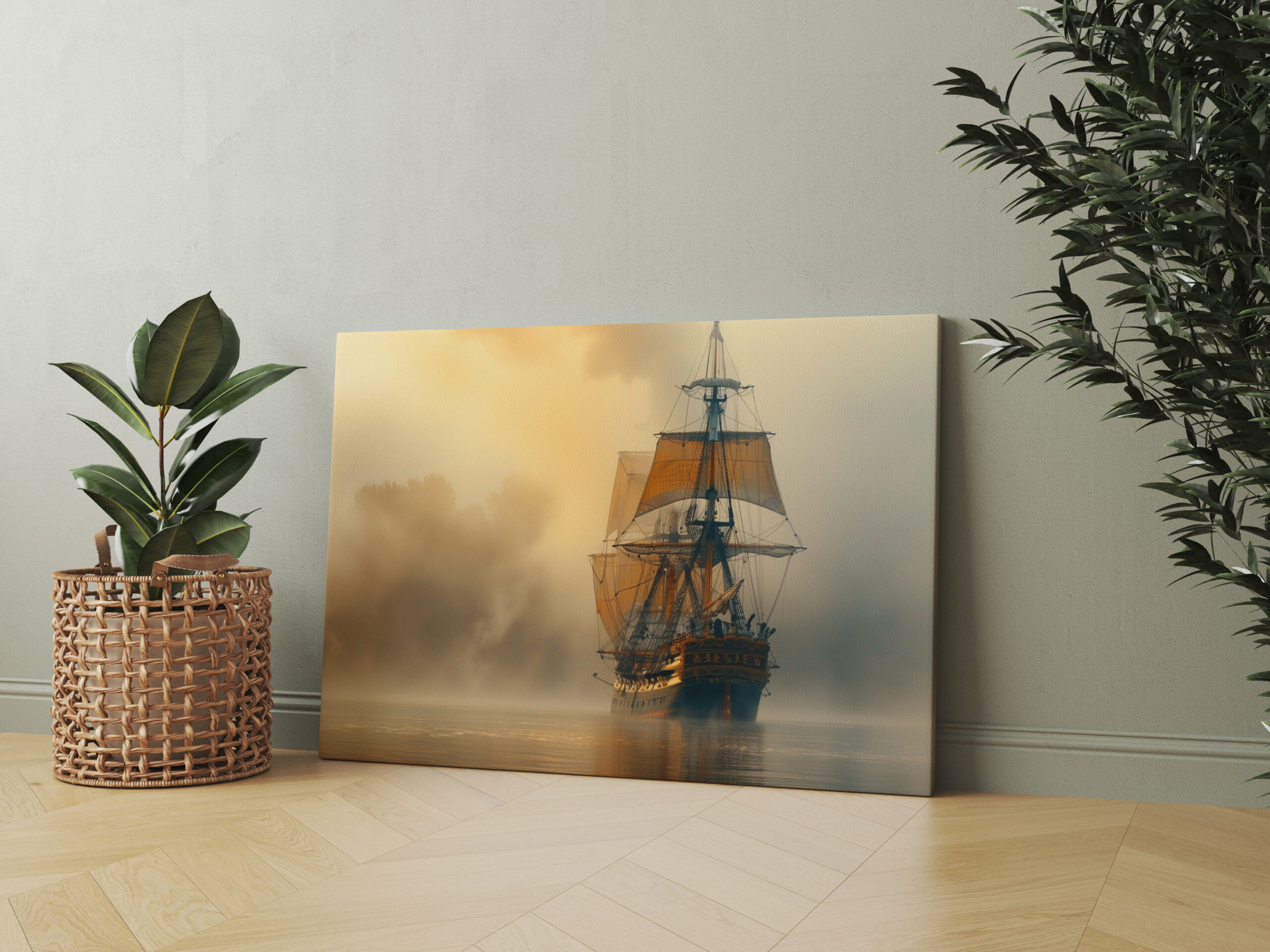 raxxa Canva: Historisches Segelschiff an der Küste im Nebel