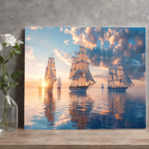 raxxa Canva: Mehrere historische Segelschiffe im Sonnenuntergang