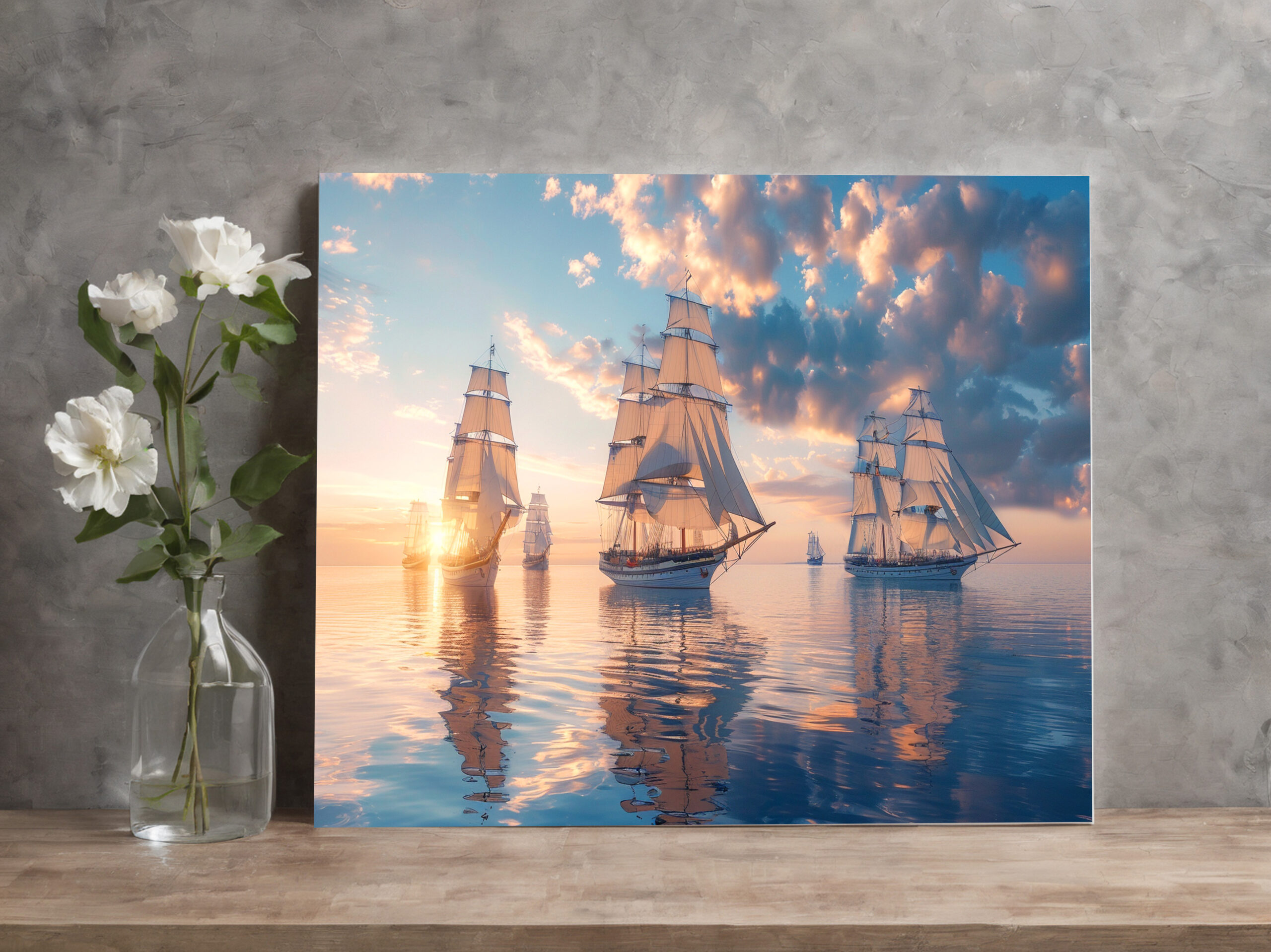 raxxa Canva: Mehrere historische Segelschiffe im Sonnenuntergang