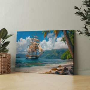 raxxa Canva: Historisches Segelschiff an einer Palmeninsel vor Anker