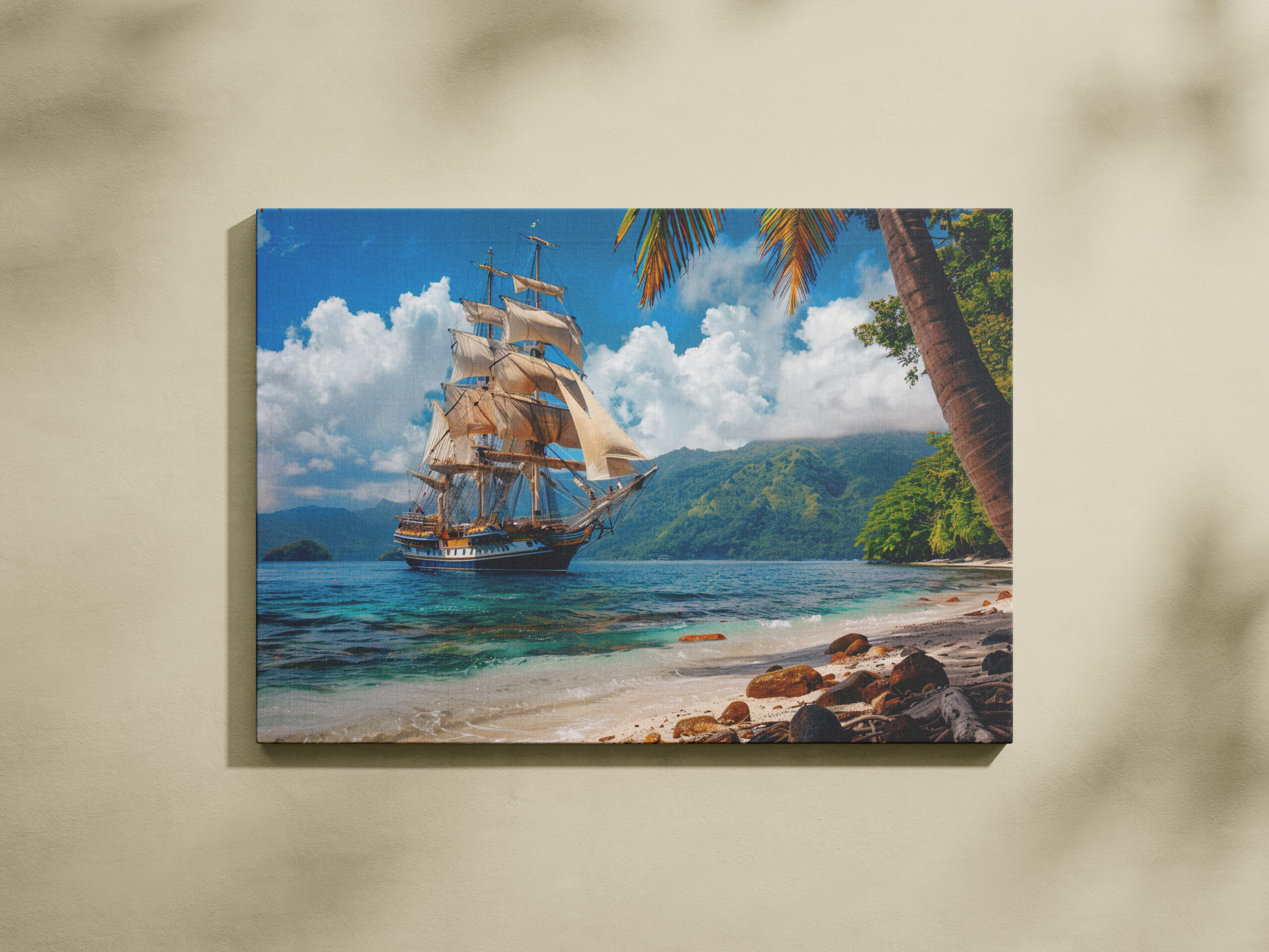 raxxa Canva: Historisches Segelschiff an einer Palmeninsel vor Anker - Imagen 2