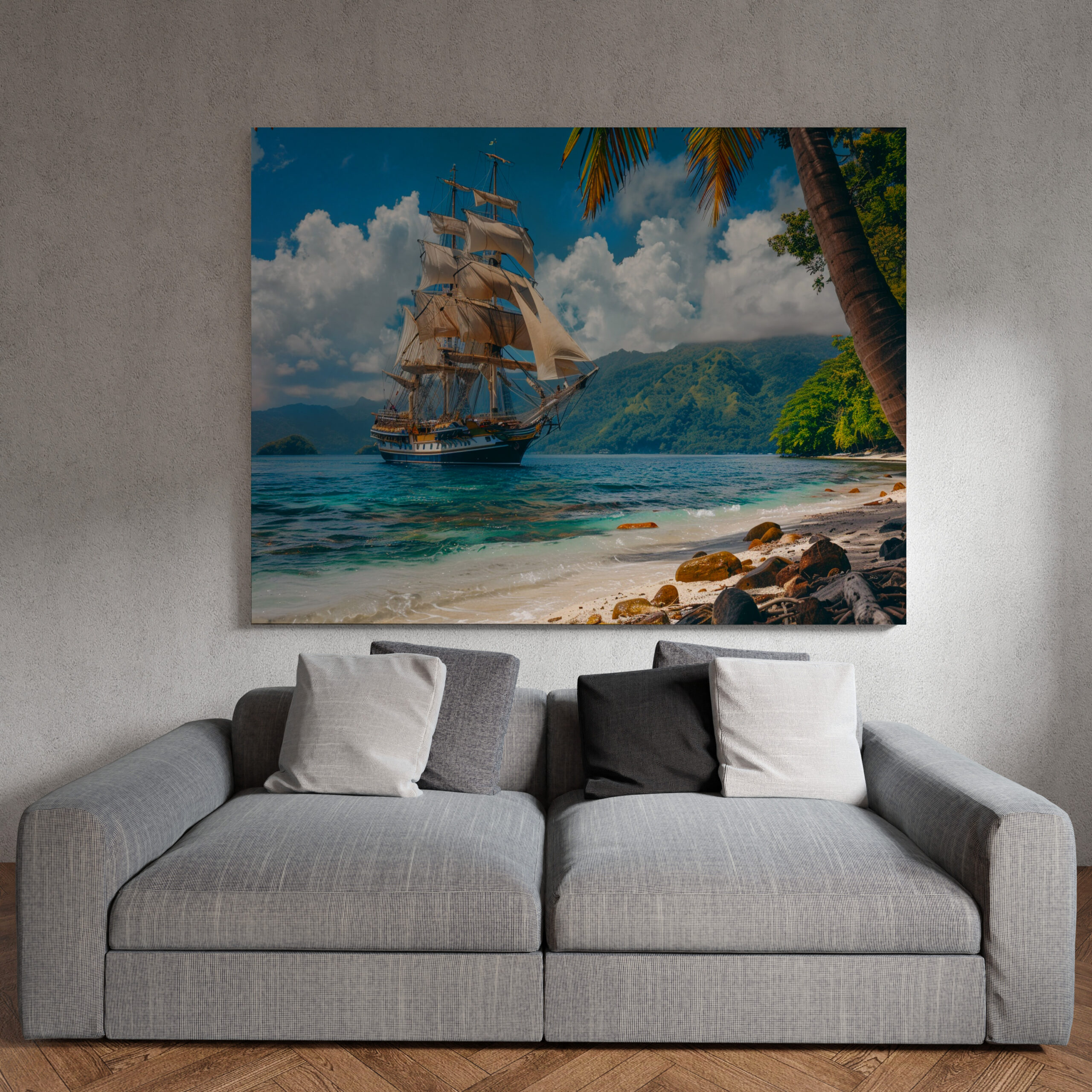 raxxa Canva: Historisches Segelschiff an einer Palmeninsel vor Anker - Imagen 3