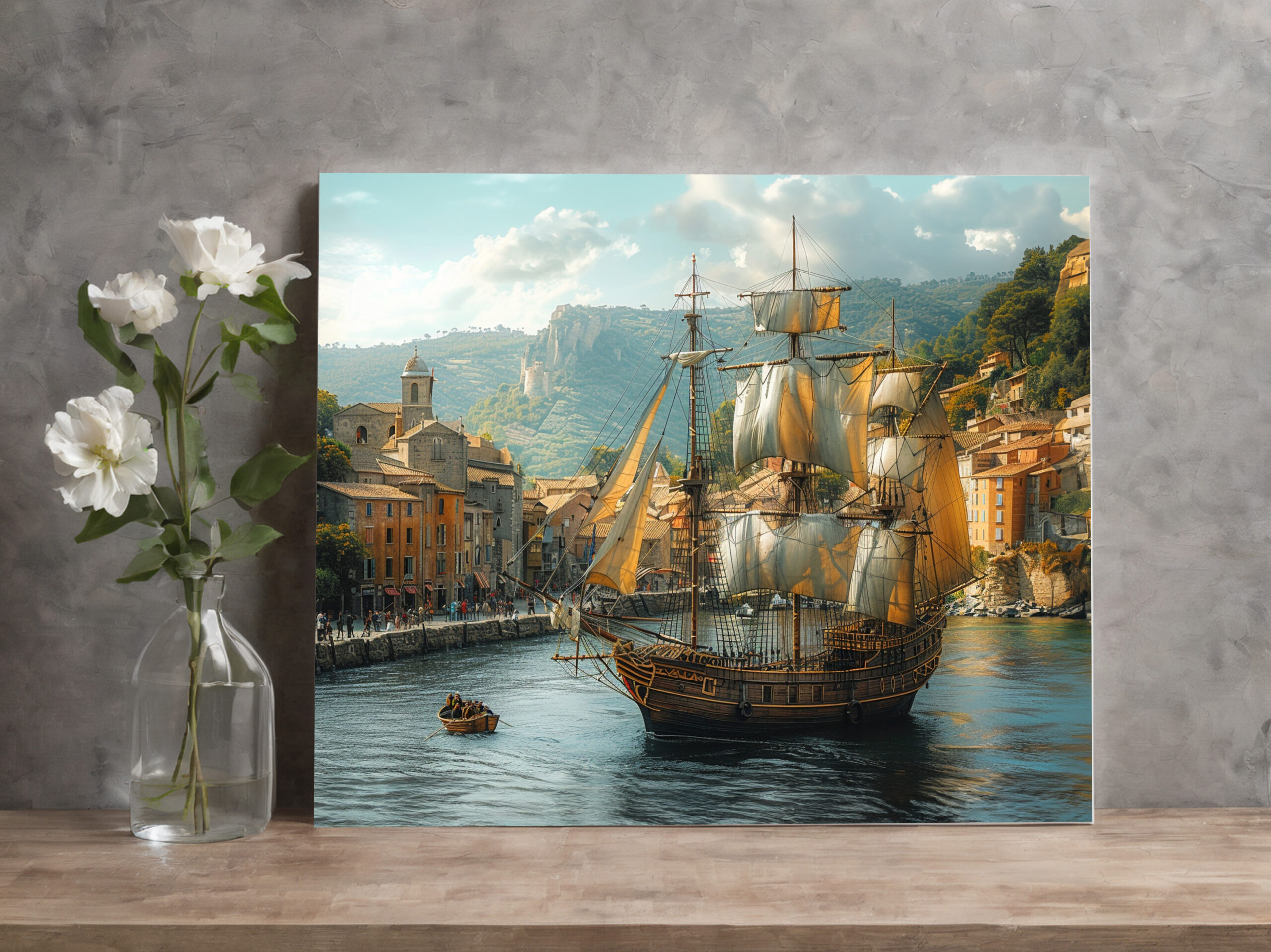 raxxa Canva: Historisches Segelschiff vor mittelalterlicher Stadt