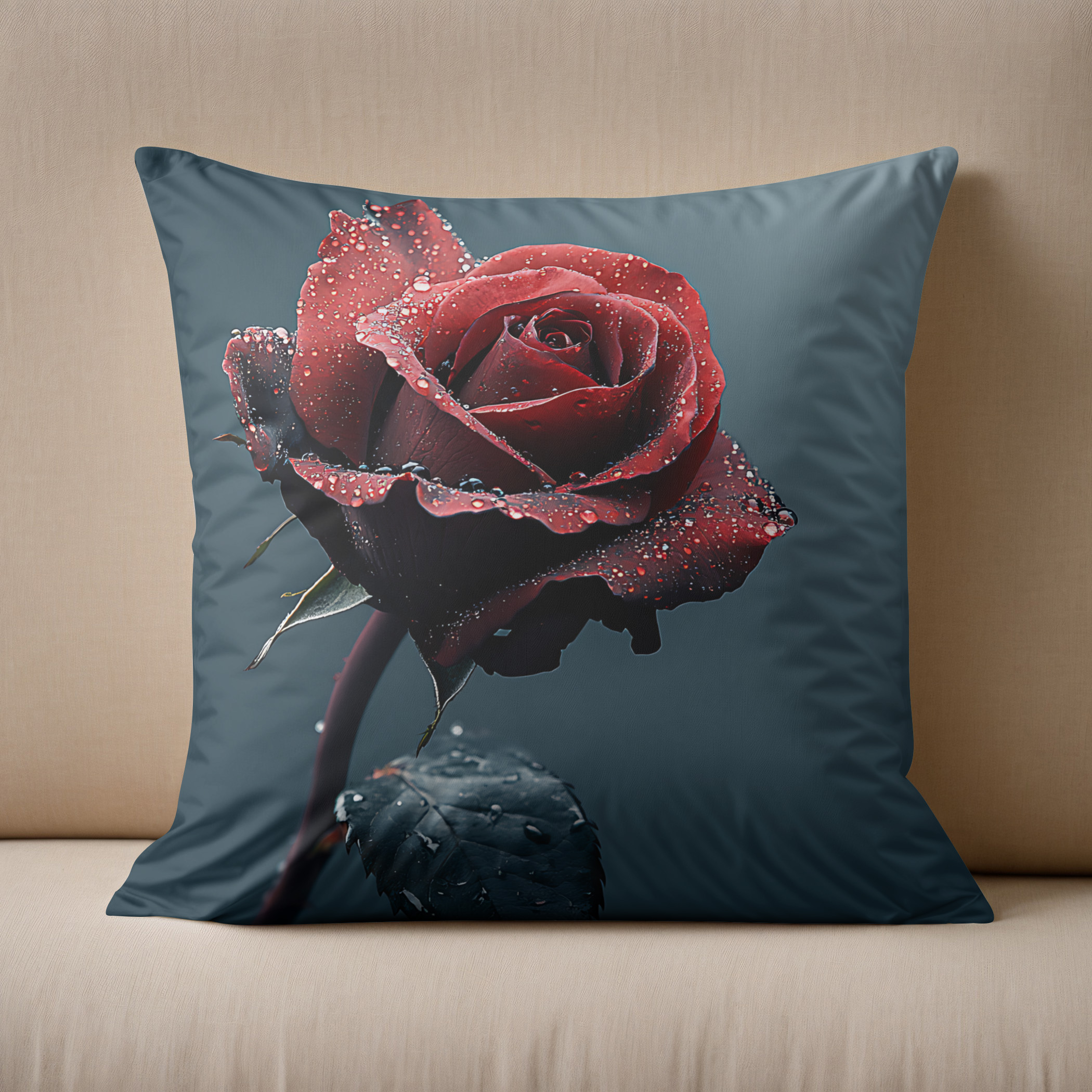 Kissen: Rose mit Wassertropfen auf den Blütenblättern