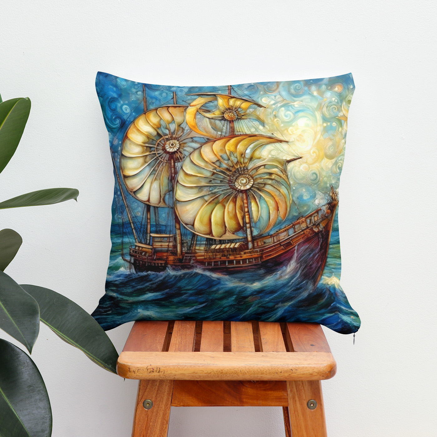 Kissen: Fantastical Nautilus Ship in Swirling Ocean - Imagen 2