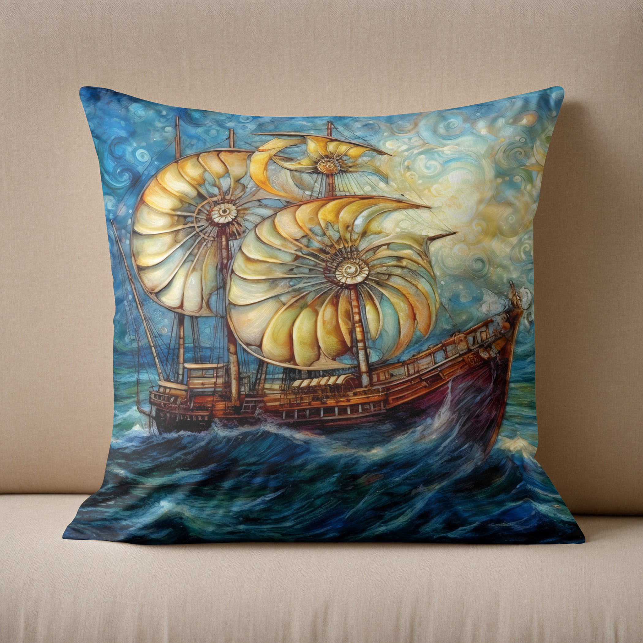 Kissen: Fantastical Nautilus Ship in Swirling Ocean