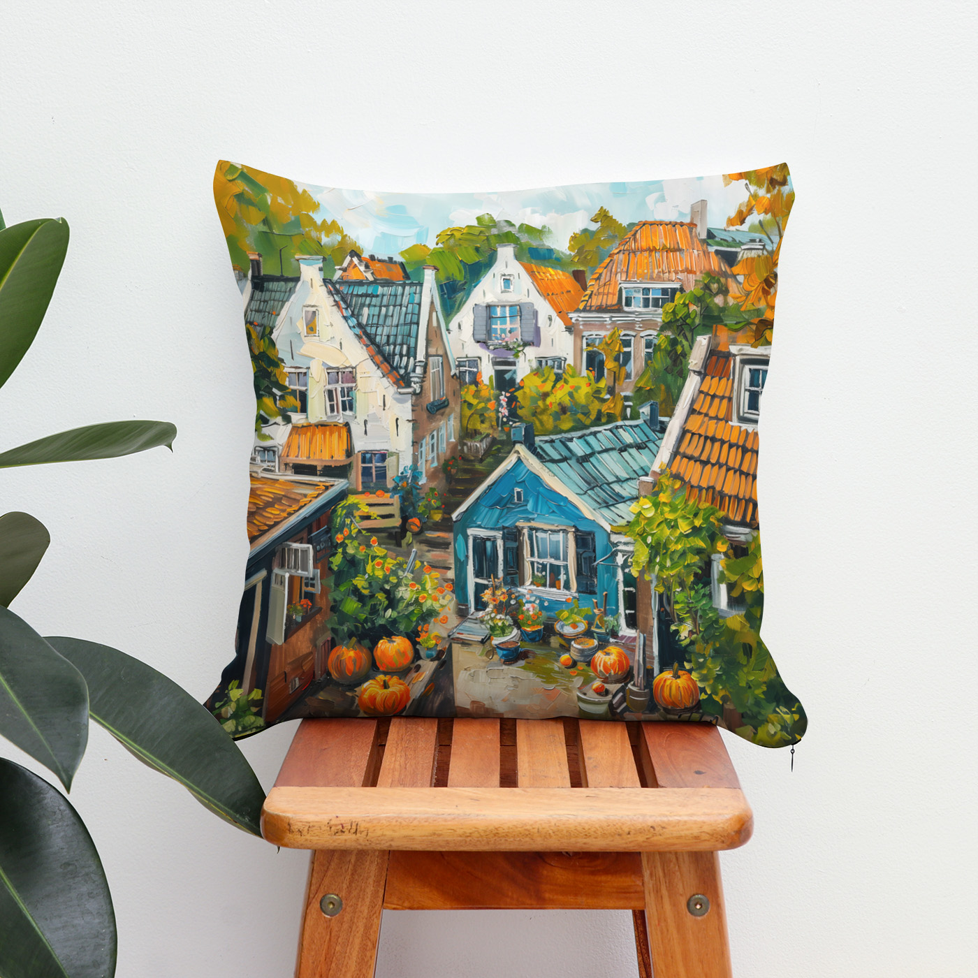 Kissen: Autumn Village with Pumpkins and Cottages Painting – Bild 2