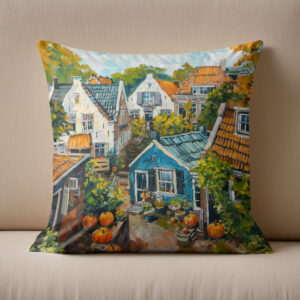 Kissen: Autumn Village with Pumpkins and Cottages Painting