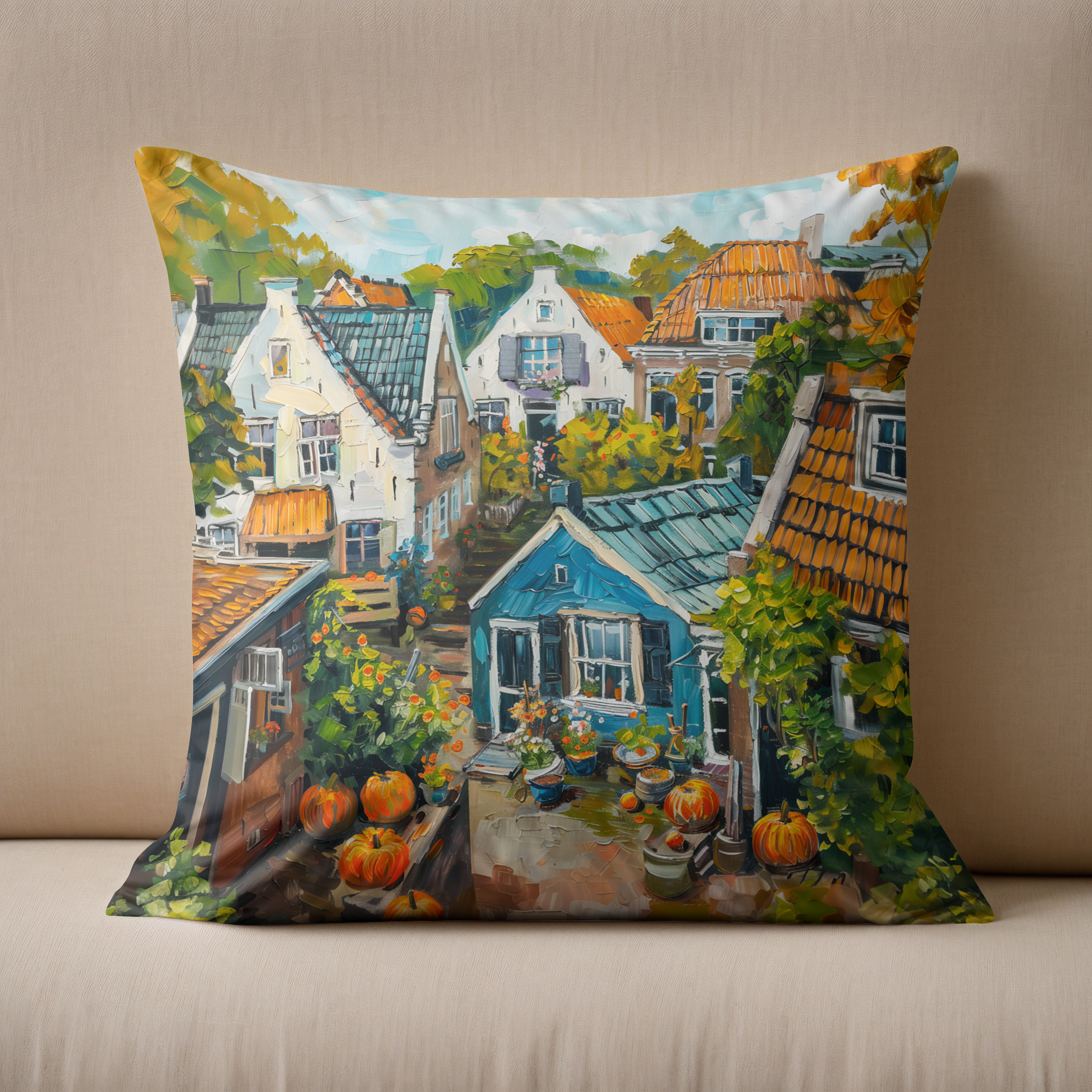 Kissen: Autumn Village with Pumpkins and Cottages Painting