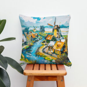 Kissen: Dutch Countryside with Windmills and Water Channels Fantasy Painting