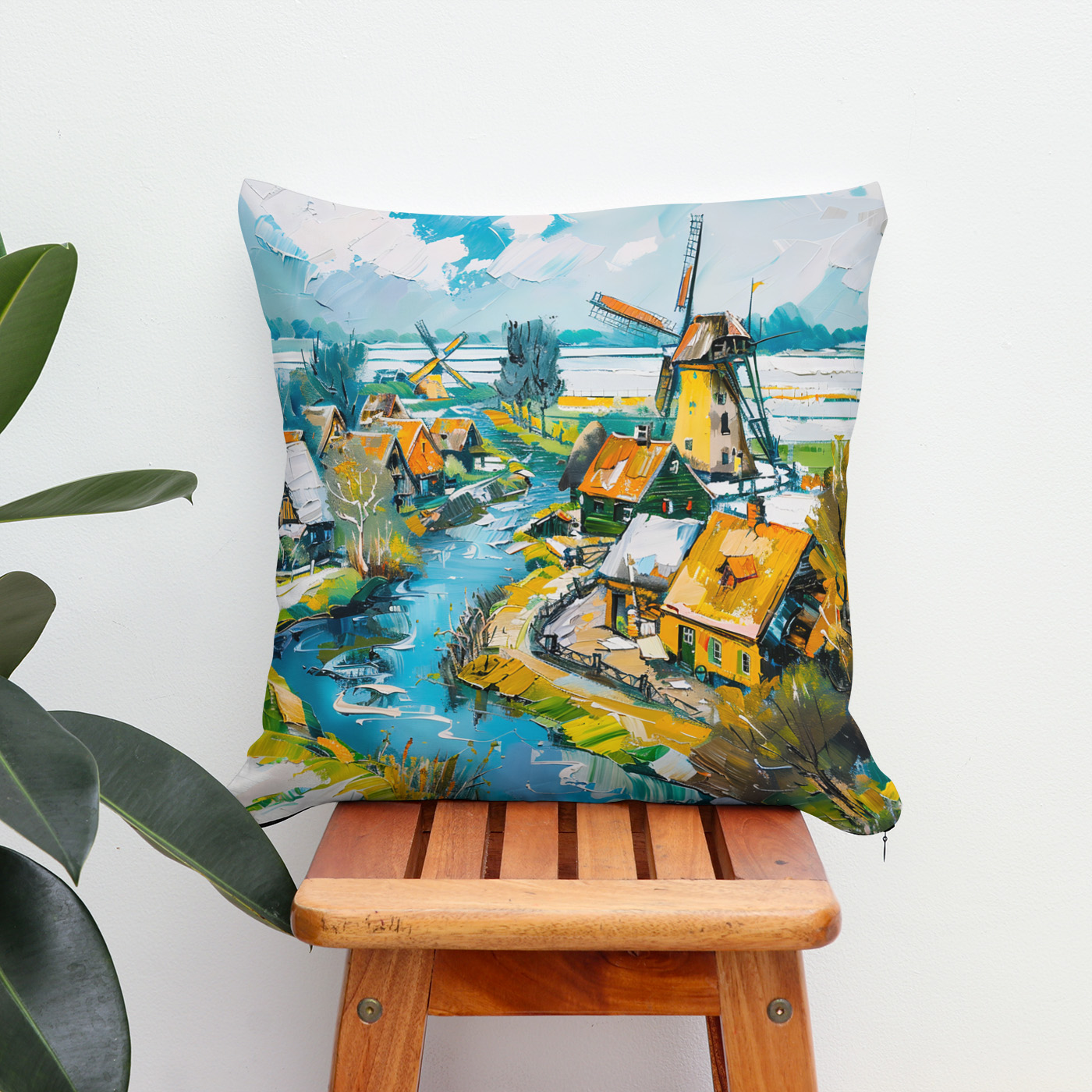 Kissen: Dutch Countryside with Windmills and Water Channels Fantasy Painting