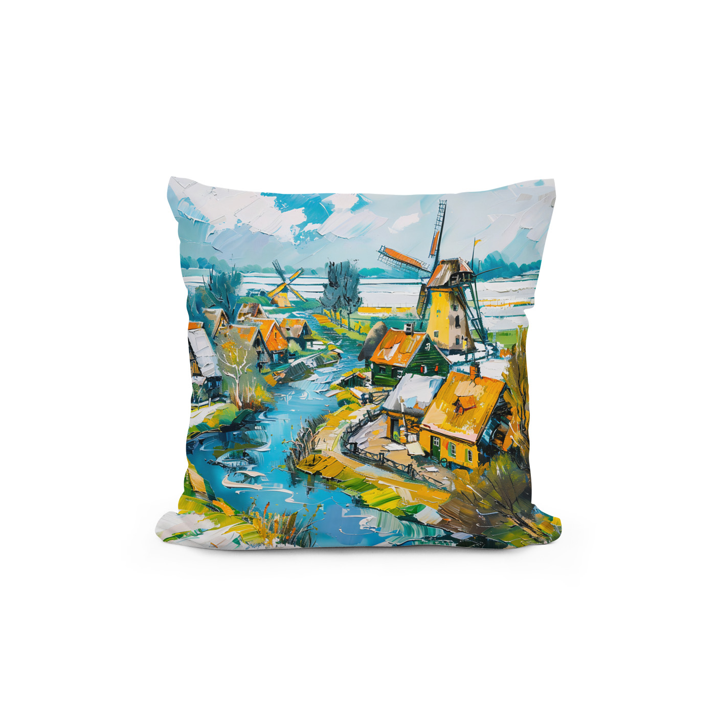 Kissen: Dutch Countryside with Windmills and Water Channels Fantasy Painting – Bild 2
