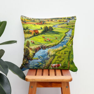 Kissen: Countryside with Cows and Stream Fantasy Painting
