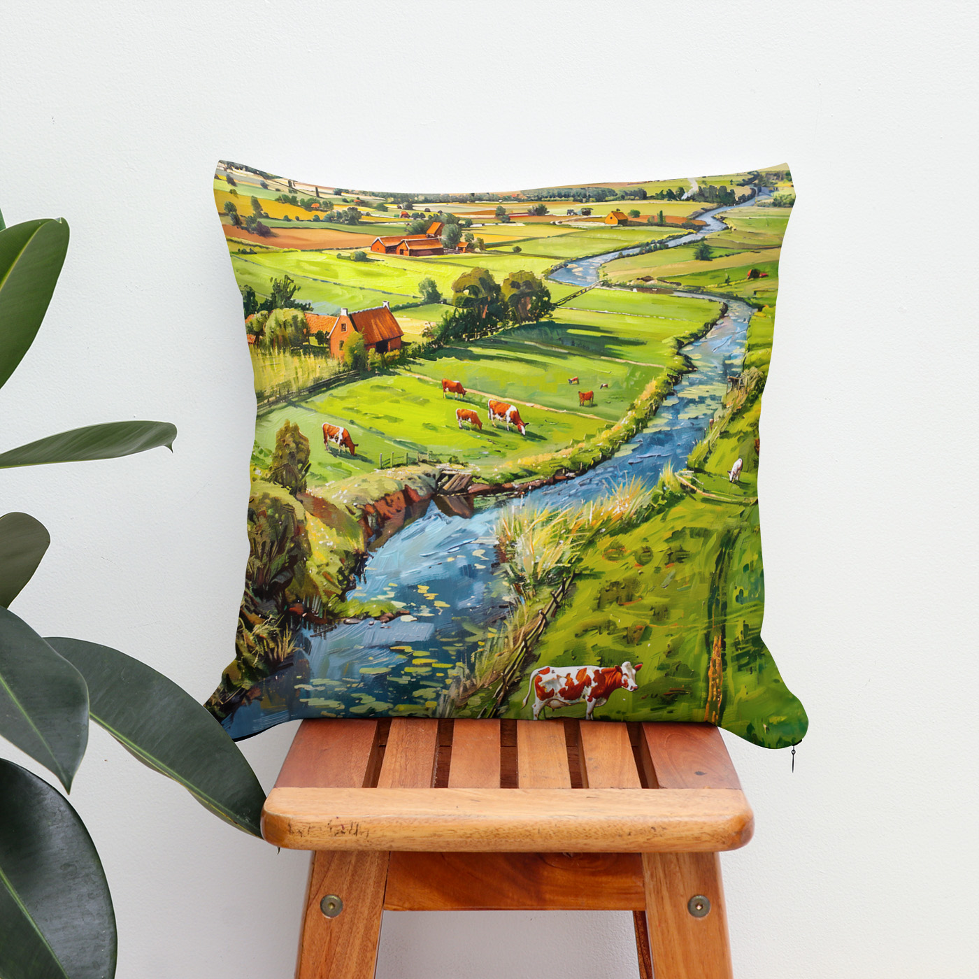 Kissen: Countryside with Cows and Stream Fantasy Painting